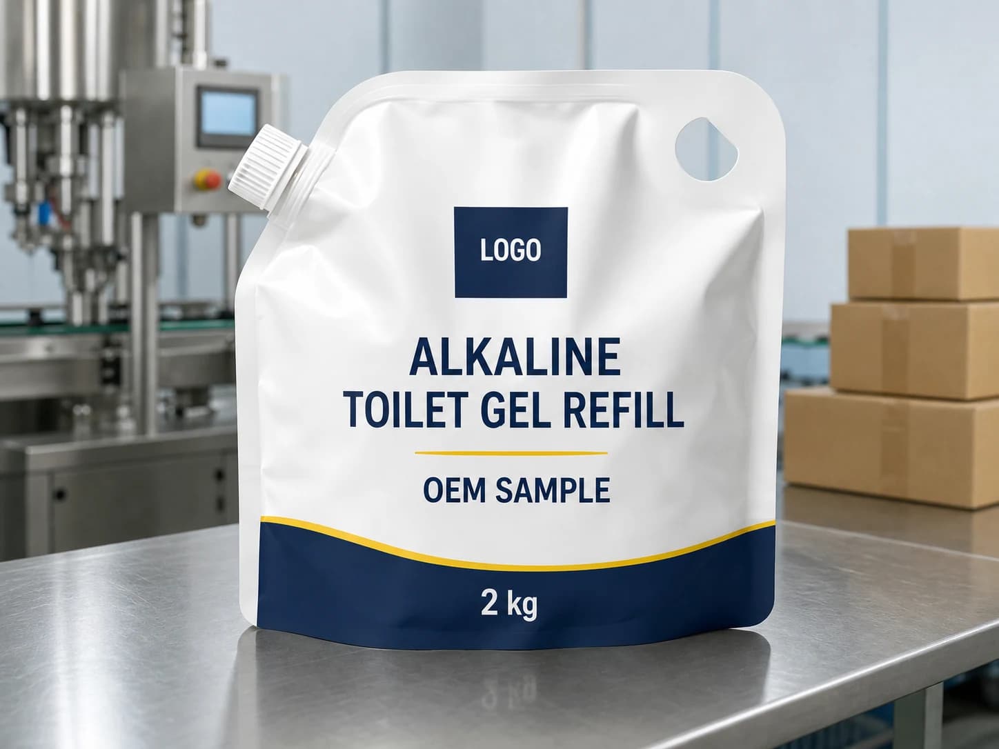 Existing opaque 2 kg spouted pouch labelled LOGO, ALKALINE TOILET GEL REFILL and OEM SAMPLE on a toilet-care filling bench
