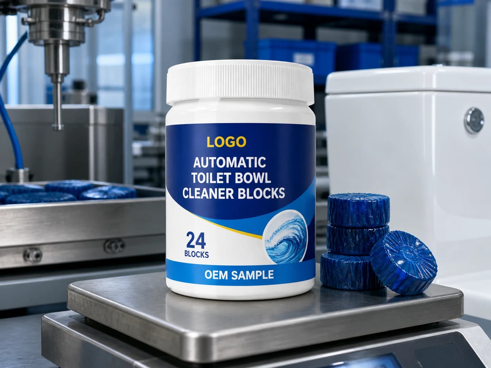 Existing white jar labelled Automatic Toilet Bowl Cleaner Blocks, 24 Blocks and OEM SAMPLE on a block counting bench