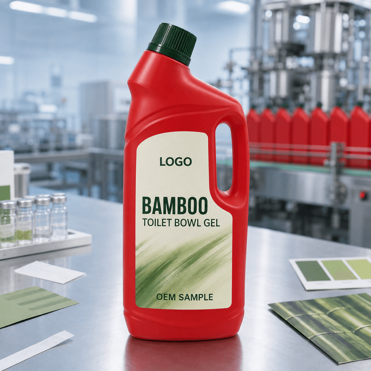 Existing red 1 kg industrial angled-neck bottle with handle, dark-green closure and integrated LOGO, BAMBOO TOILET BOWL GEL and OEM SAMPLE label on a filling-line fragrance bench