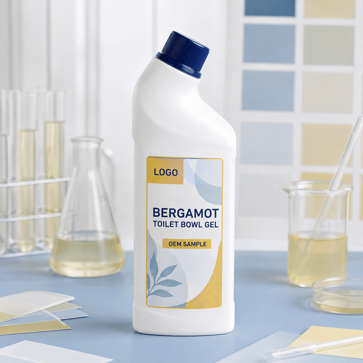 Existing white 600 g angled-neck bottle with deep-navy closure and integrated LOGO, BERGAMOT TOILET BOWL GEL and OEM SAMPLE label on a pale-blue fragrance evaluation bench