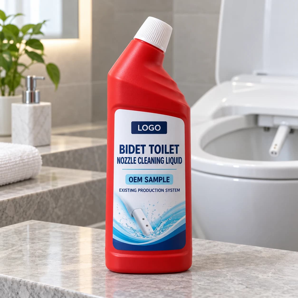 Red 600 g angled-neck bottle labelled LOGO, BIDET TOILET NOZZLE CLEANING LIQUID, OEM SAMPLE and EXISTING PRODUCTION SYSTEM beside an integrated bidet toilet