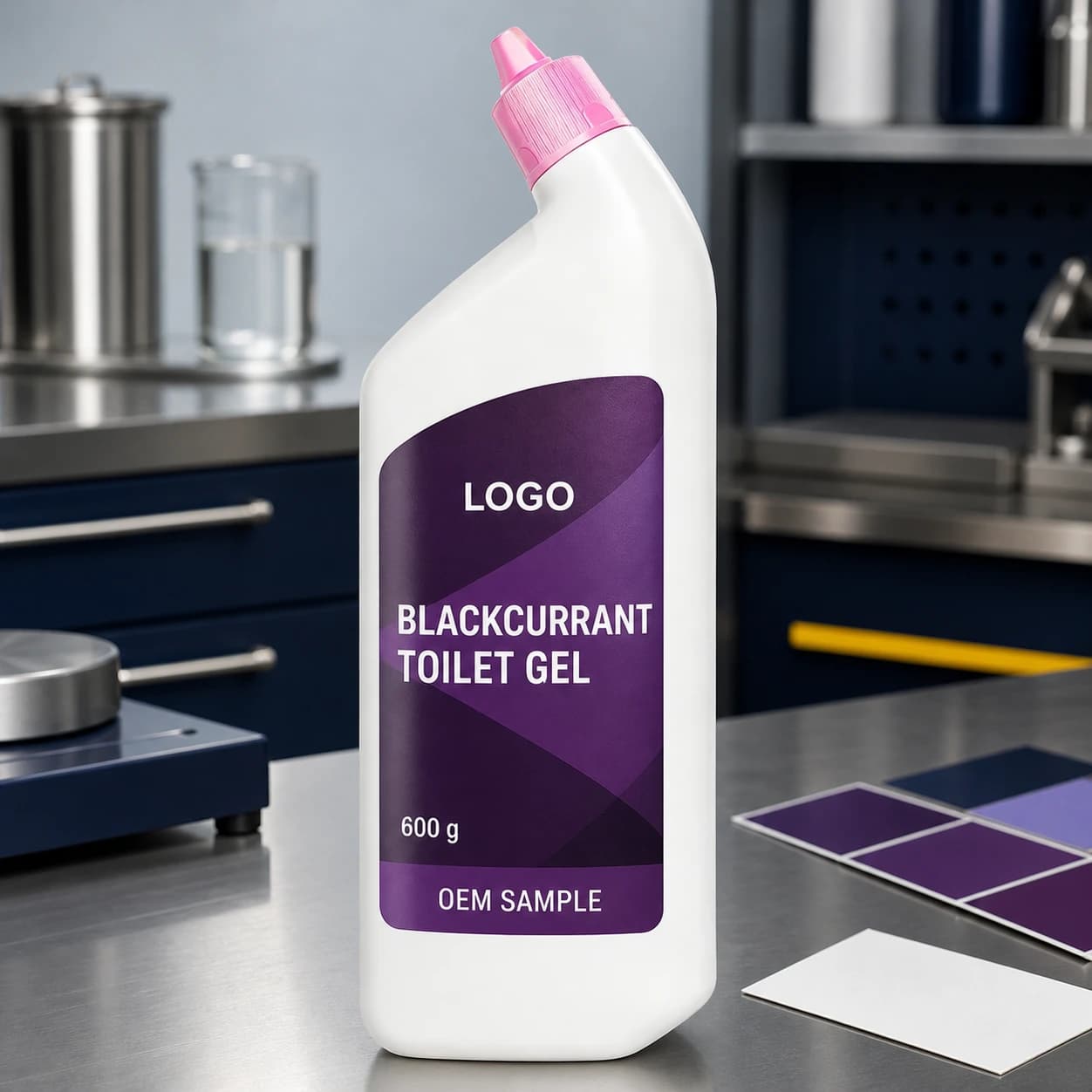 Existing white 600 g directional-neck bottle with translucent pink cap and integrated LOGO, BLACKCURRANT TOILET GEL and OEM SAMPLE label on a fragrance compatibility bench