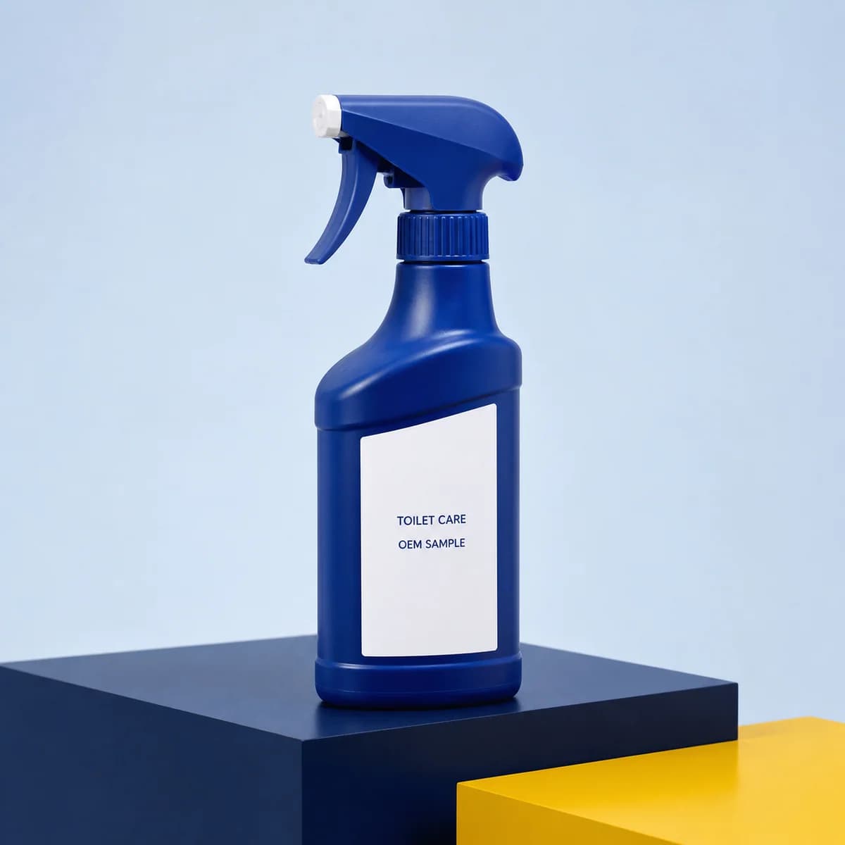Illustrative unbranded trigger-bottle packaging concept for a brush-free toilet cleaner route