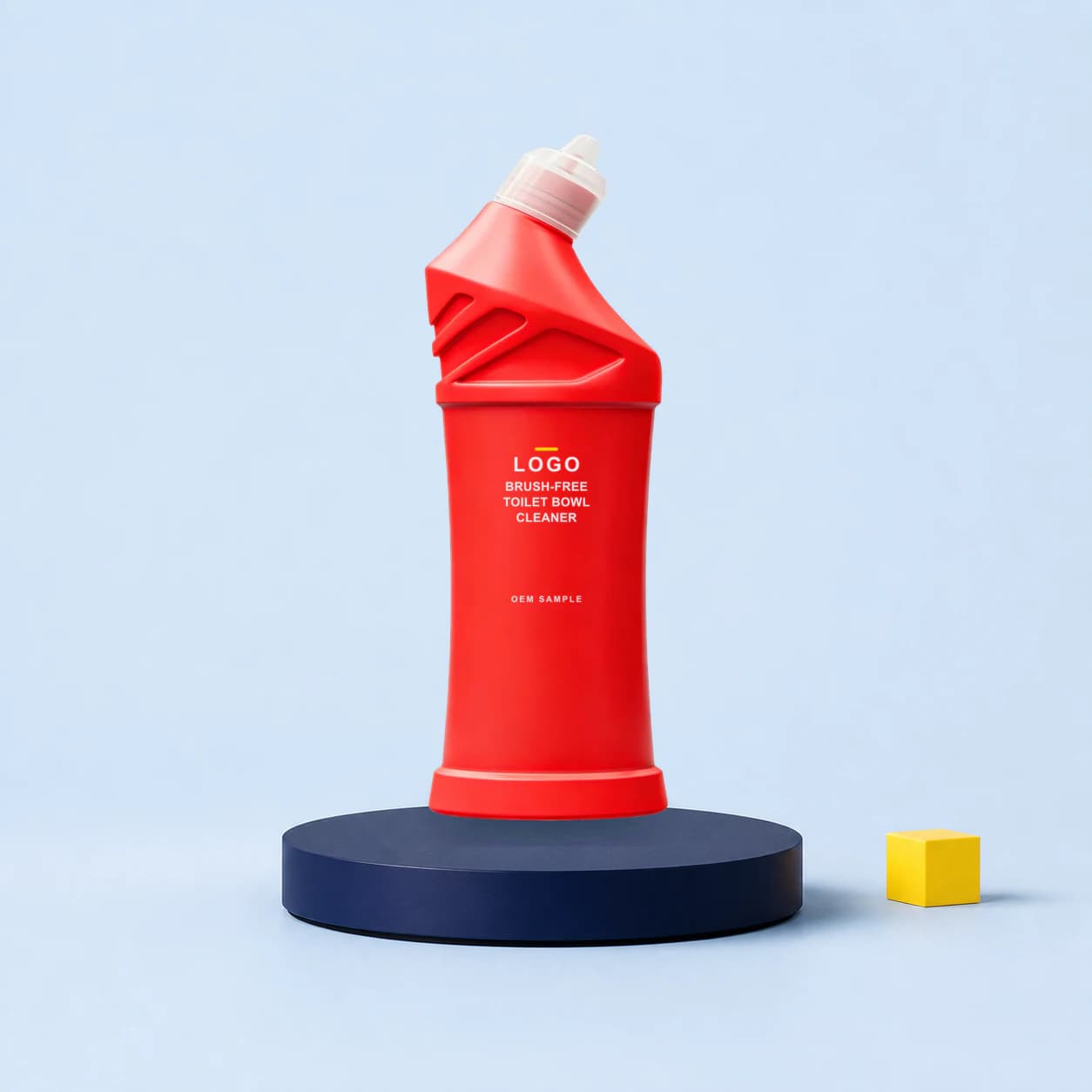Existing red angled-neck bottle with illustrative LOGO, product name and OEM SAMPLE direct-print artwork for a brush-free toilet cleaner project