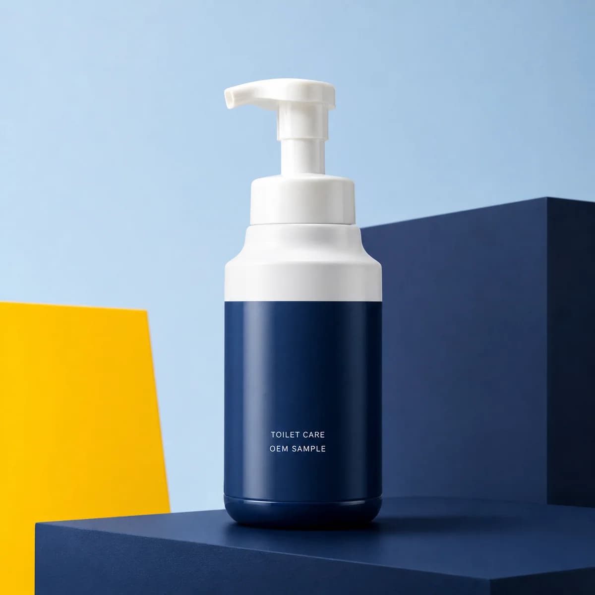 Illustrative unbranded pump-bottle packaging concept for a toilet bowl foam cleaner