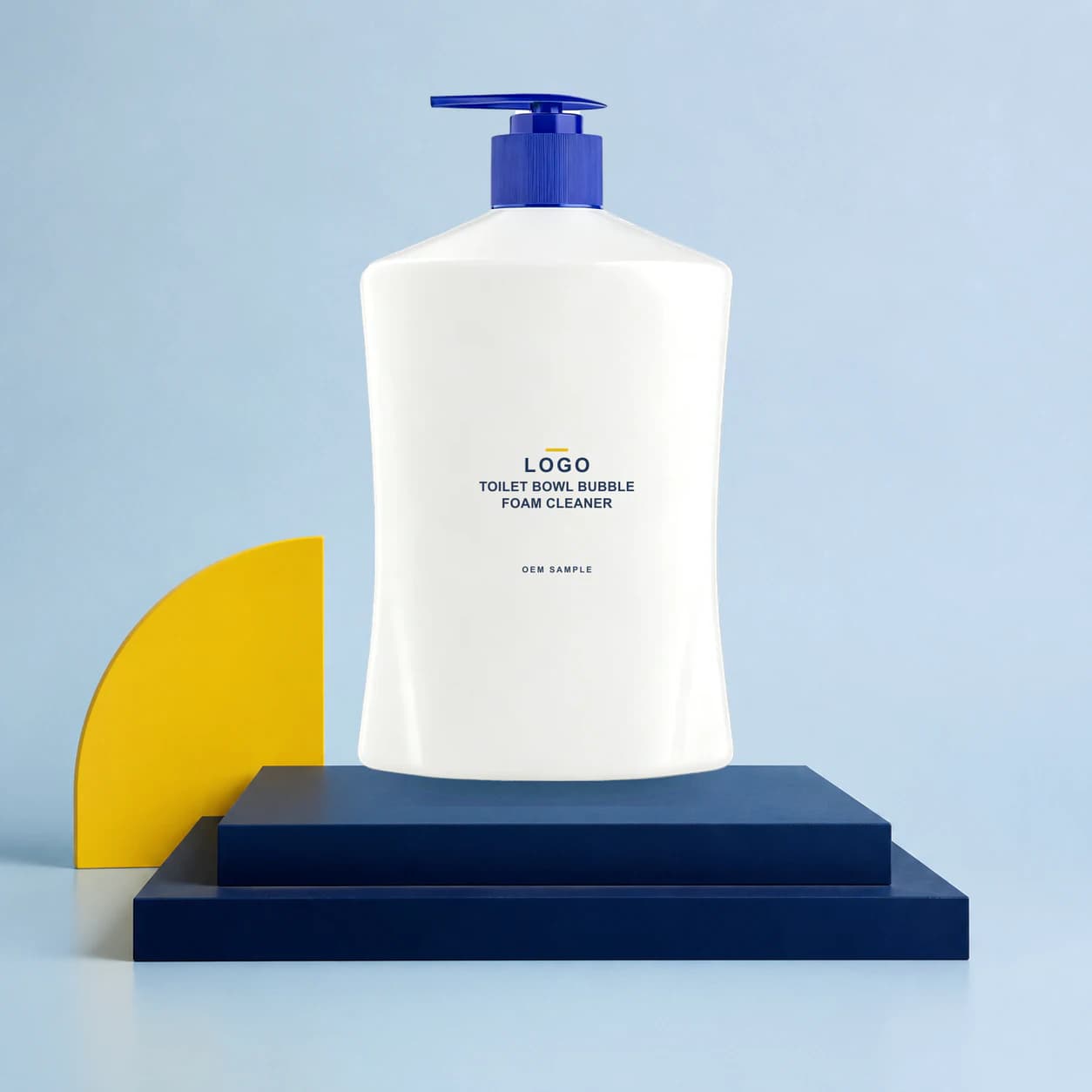 Existing pump bottle with illustrative LOGO, product name and OEM SAMPLE direct-print artwork for a toilet bowl foam cleaner project
