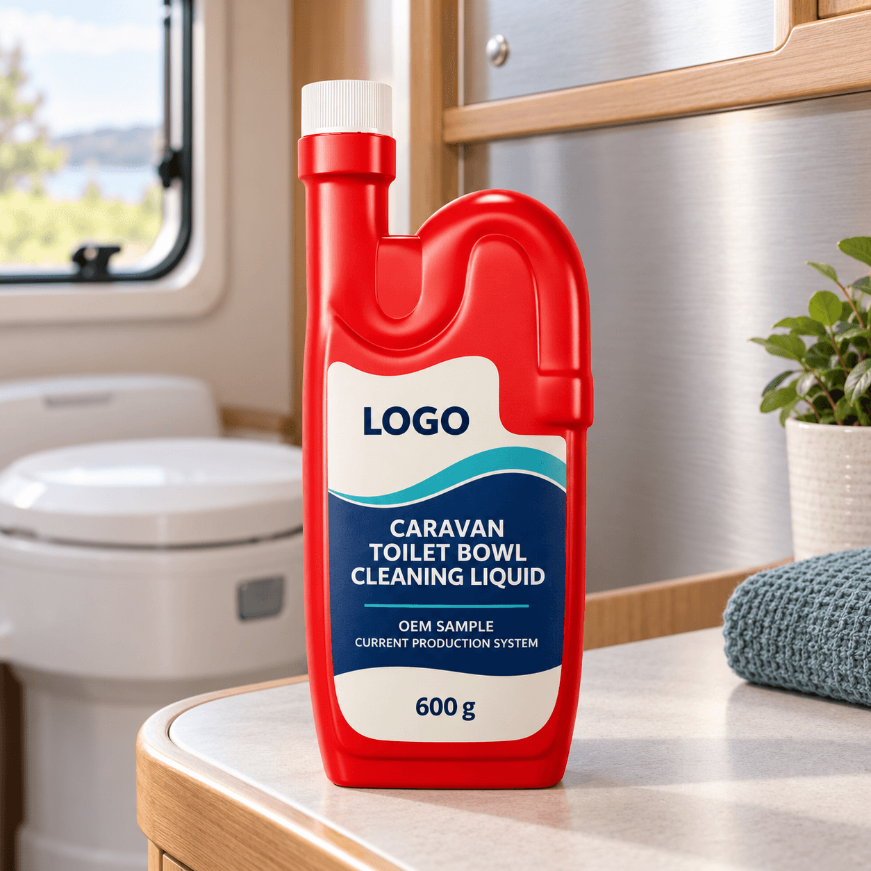 Existing red 600 g directional bottle with white screw closure and fitted LOGO, CARAVAN TOILET BOWL CLEANING LIQUID, OEM SAMPLE and CURRENT PRODUCTION SYSTEM label on a curved counter in a compact caravan washroom