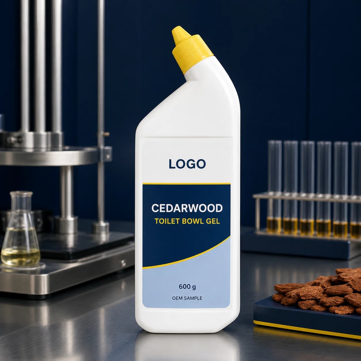 Existing white 600 g directional-neck bottle with yellow angled closure and integrated LOGO, CEDARWOOD TOILET BOWL GEL and OEM SAMPLE label on a fragrance compatibility bench