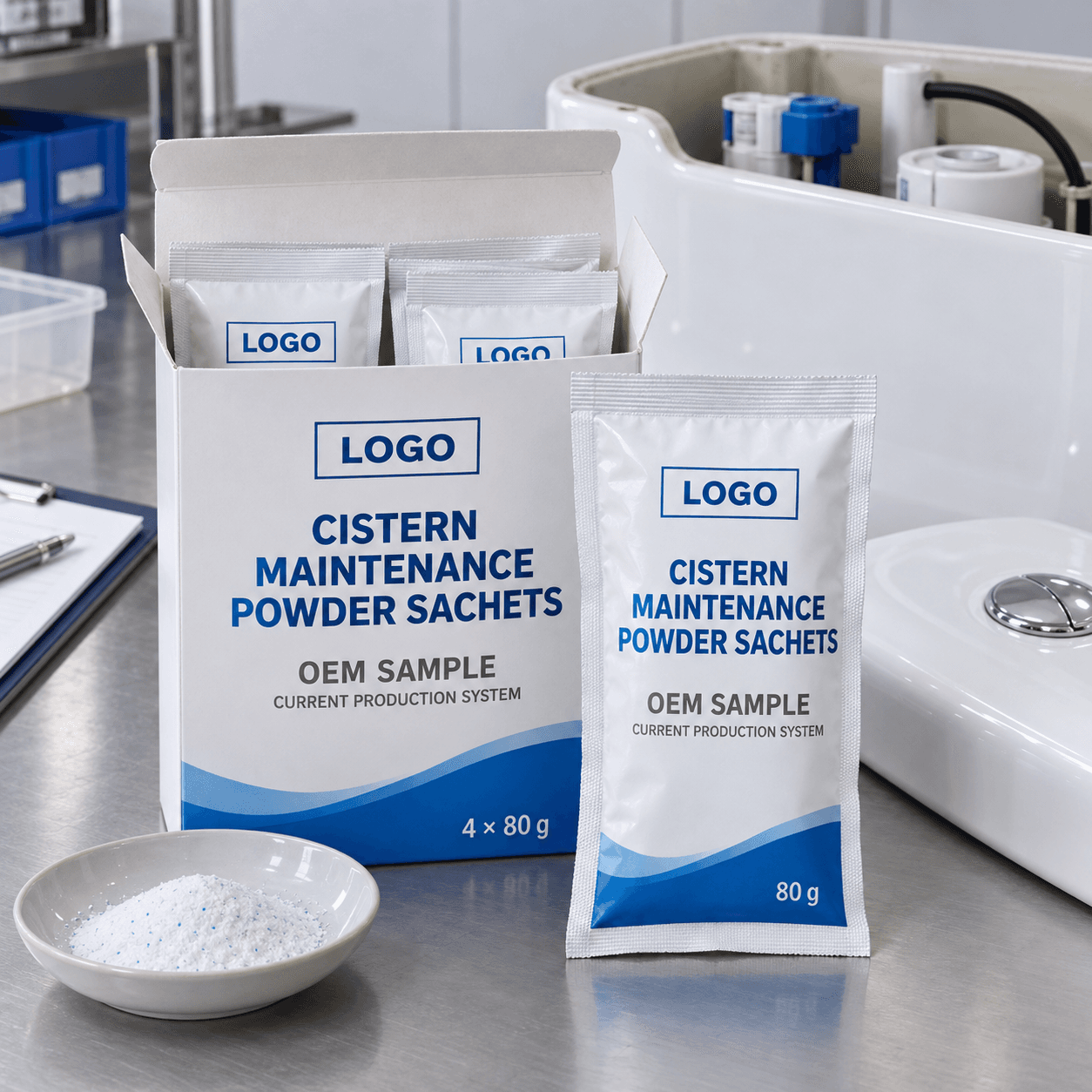 Existing white folding carton and heat-sealed 80 g sachet with fitted LOGO, CISTERN MAINTENANCE POWDER SACHETS and OEM SAMPLE artwork beside an open ceramic cistern on a packaging test bench