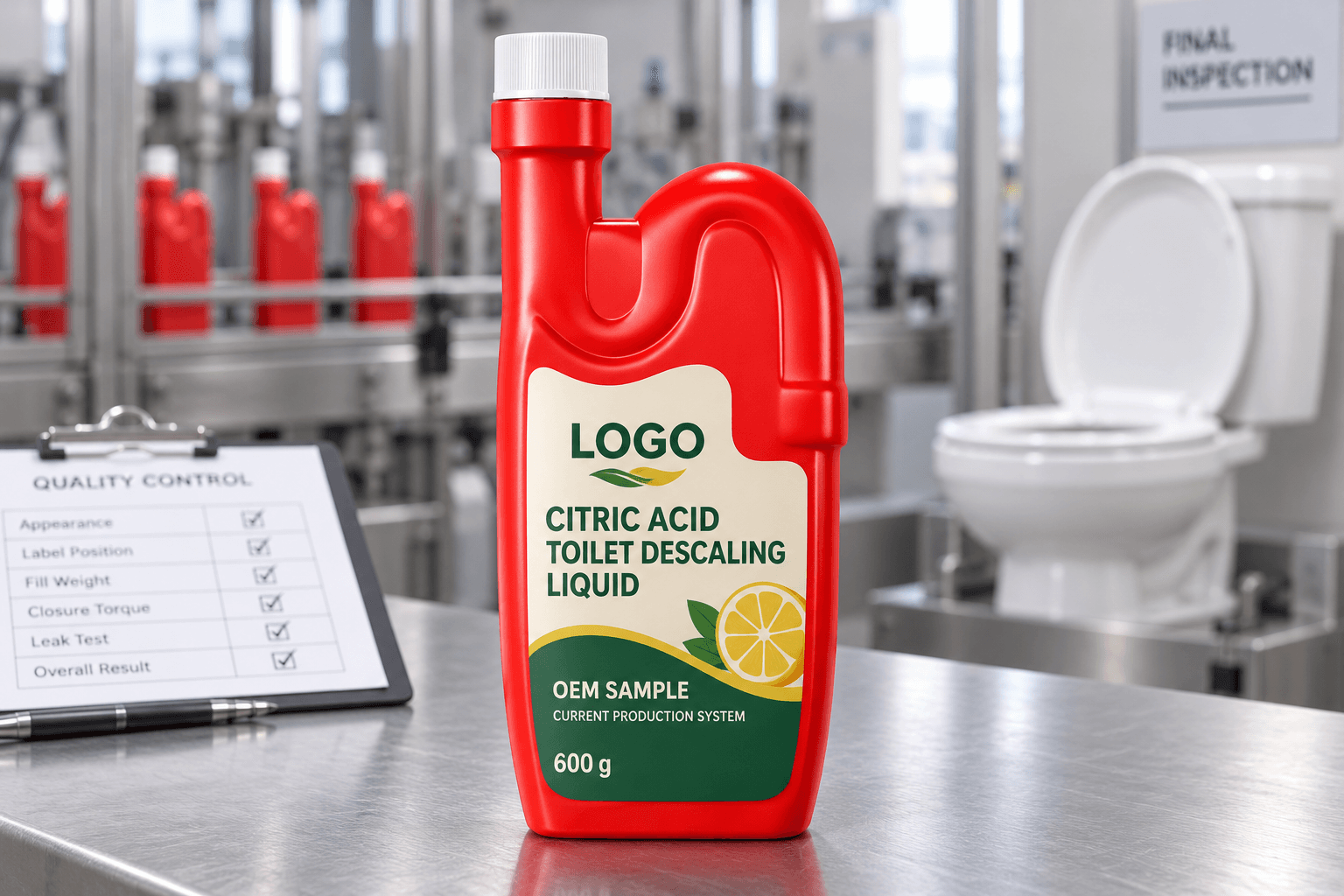 Existing red 600 g directional HDPE bottle with white ribbed closure and fitted LOGO, CITRIC ACID TOILET DESCALING LIQUID, OEM SAMPLE and CURRENT PRODUCTION SYSTEM label on a filling-line inspection bench beside a ceramic toilet