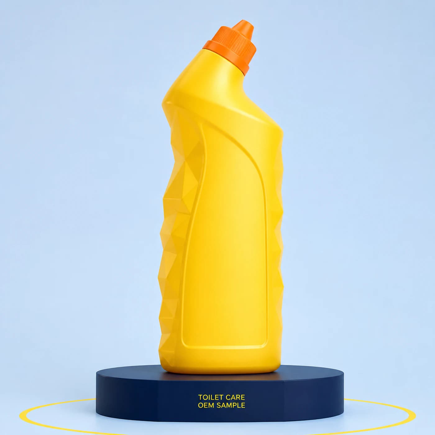 Illustrative citrus-yellow faceted private-mould angled-neck bottle concept for liquid toilet cleaner