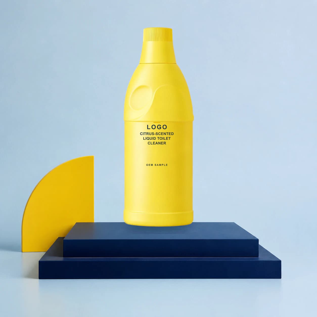 Existing yellow bottle with illustrative LOGO, product name and OEM SAMPLE direct-print artwork for a citrus-scented liquid toilet cleaner project