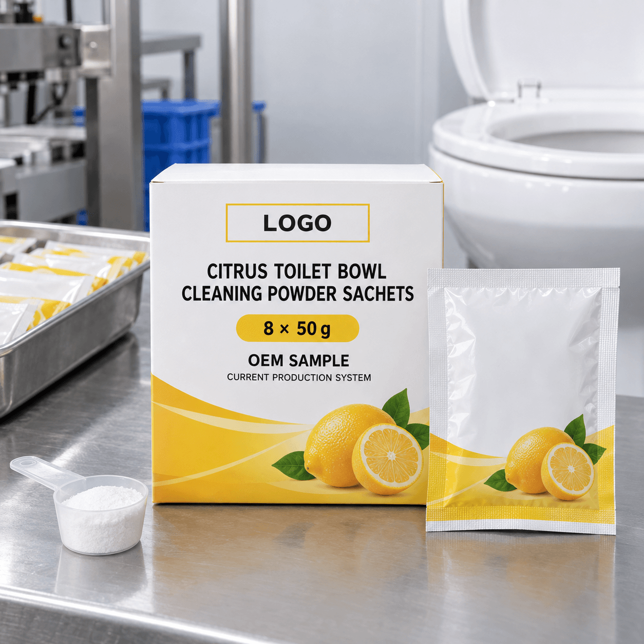 Existing white and citrus-yellow folding carton with fitted LOGO, CITRUS TOILET BOWL CLEANING POWDER SACHETS, 8 × 50 g and OEM SAMPLE artwork beside a matching heat-sealed sachet on a toilet-care packaging bench