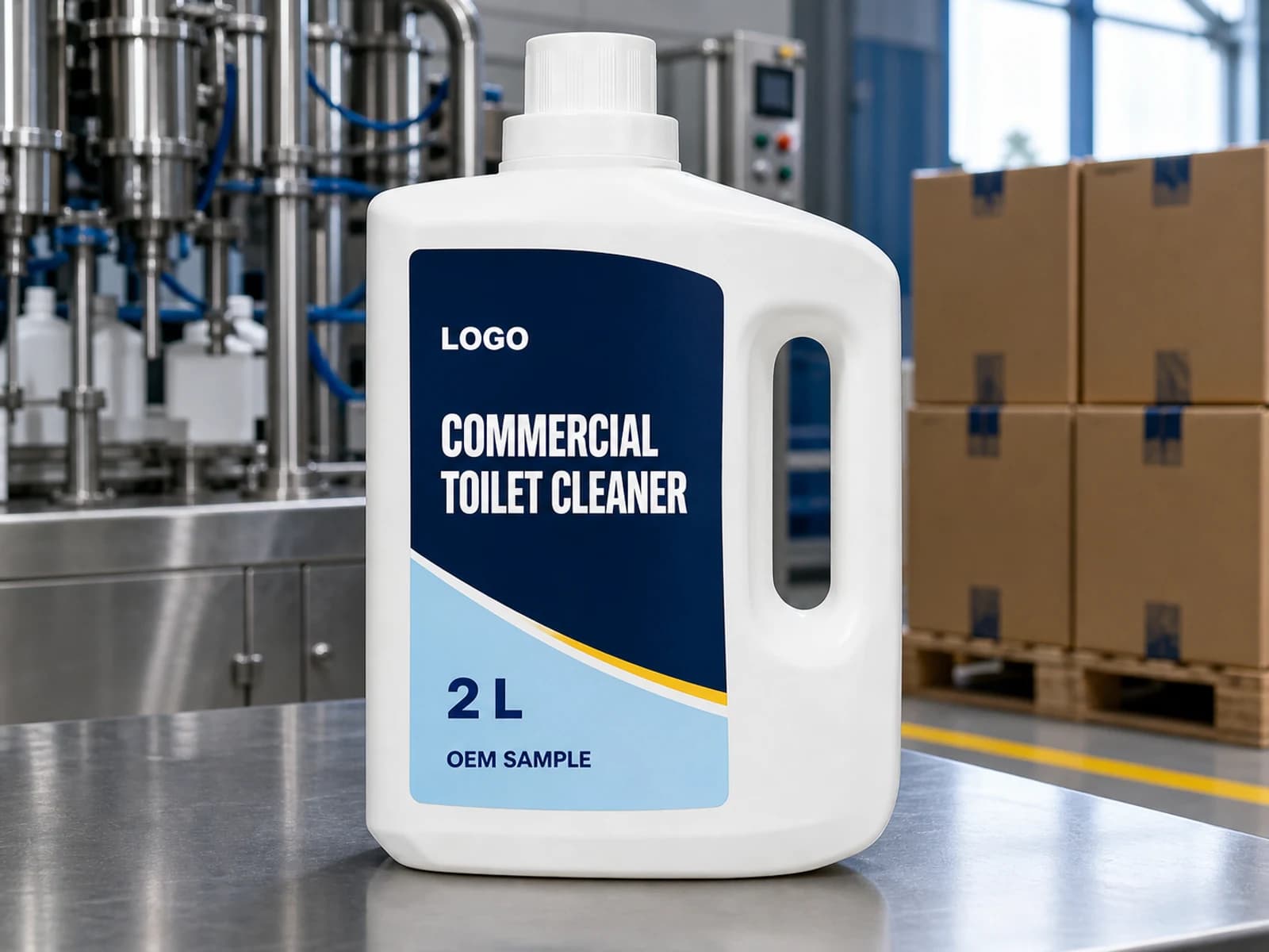 Existing white handled bottle labelled Commercial Toilet Cleaner, 2 L and OEM SAMPLE at a dispatch inspection bench