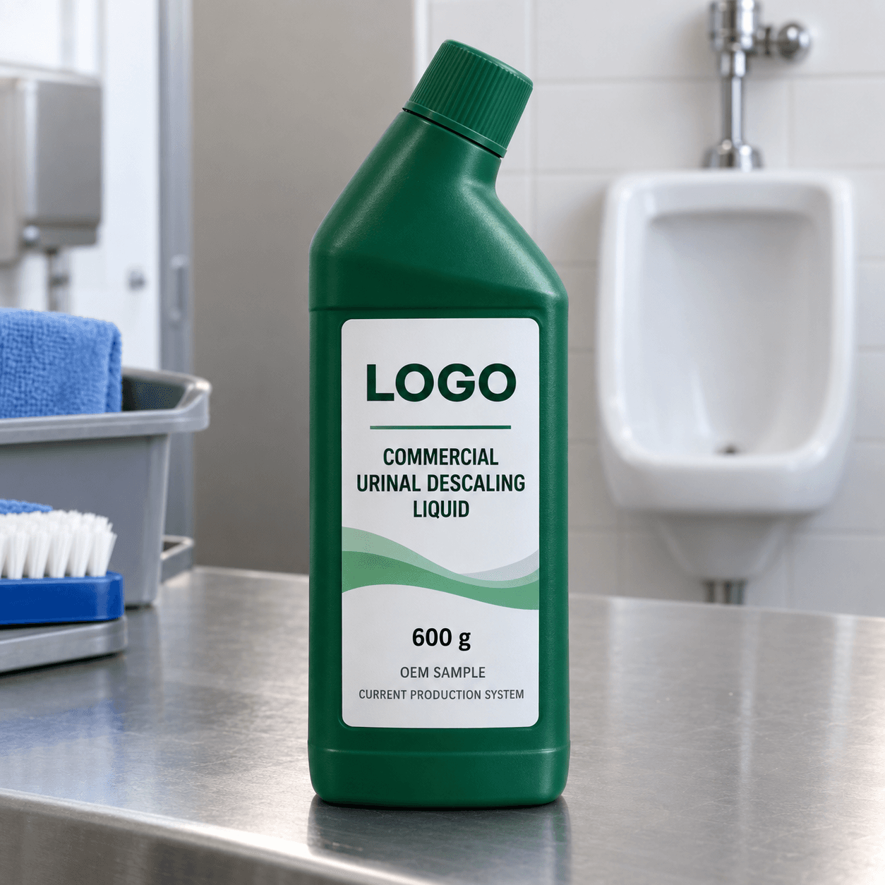 Existing forest-green 600 g angled-neck HDPE bottle with fitted LOGO, COMMERCIAL URINAL DESCALING LIQUID, OEM SAMPLE and CURRENT PRODUCTION SYSTEM label on a washroom maintenance bench