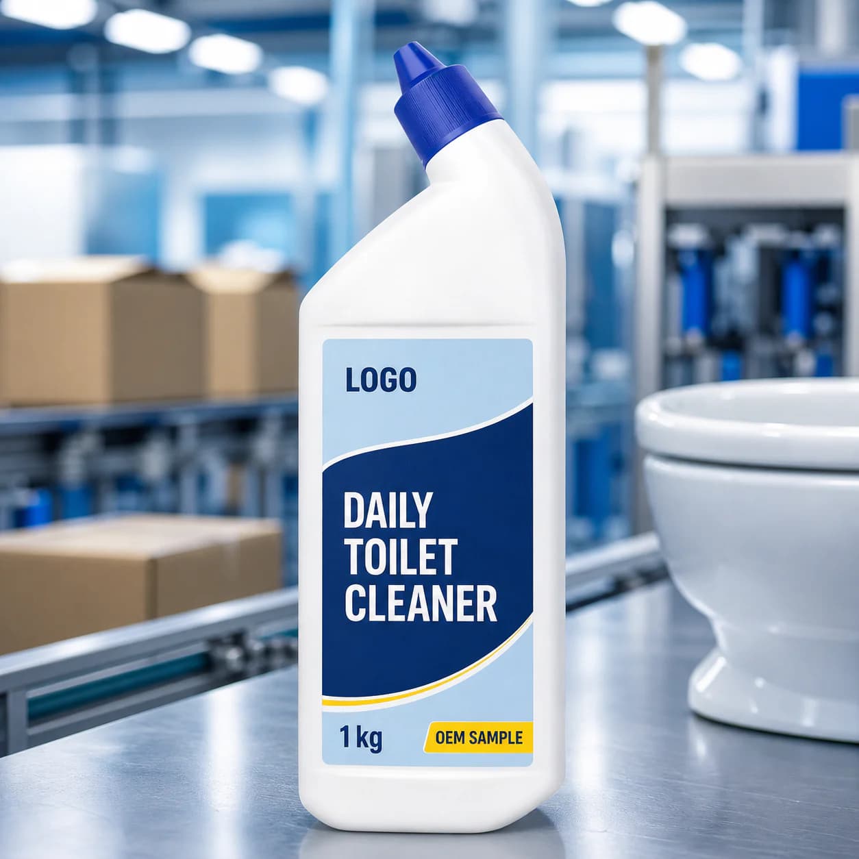 White 1 kg existing angled-neck bottle with Daily Toilet Cleaner and OEM SAMPLE artwork on a packaging line