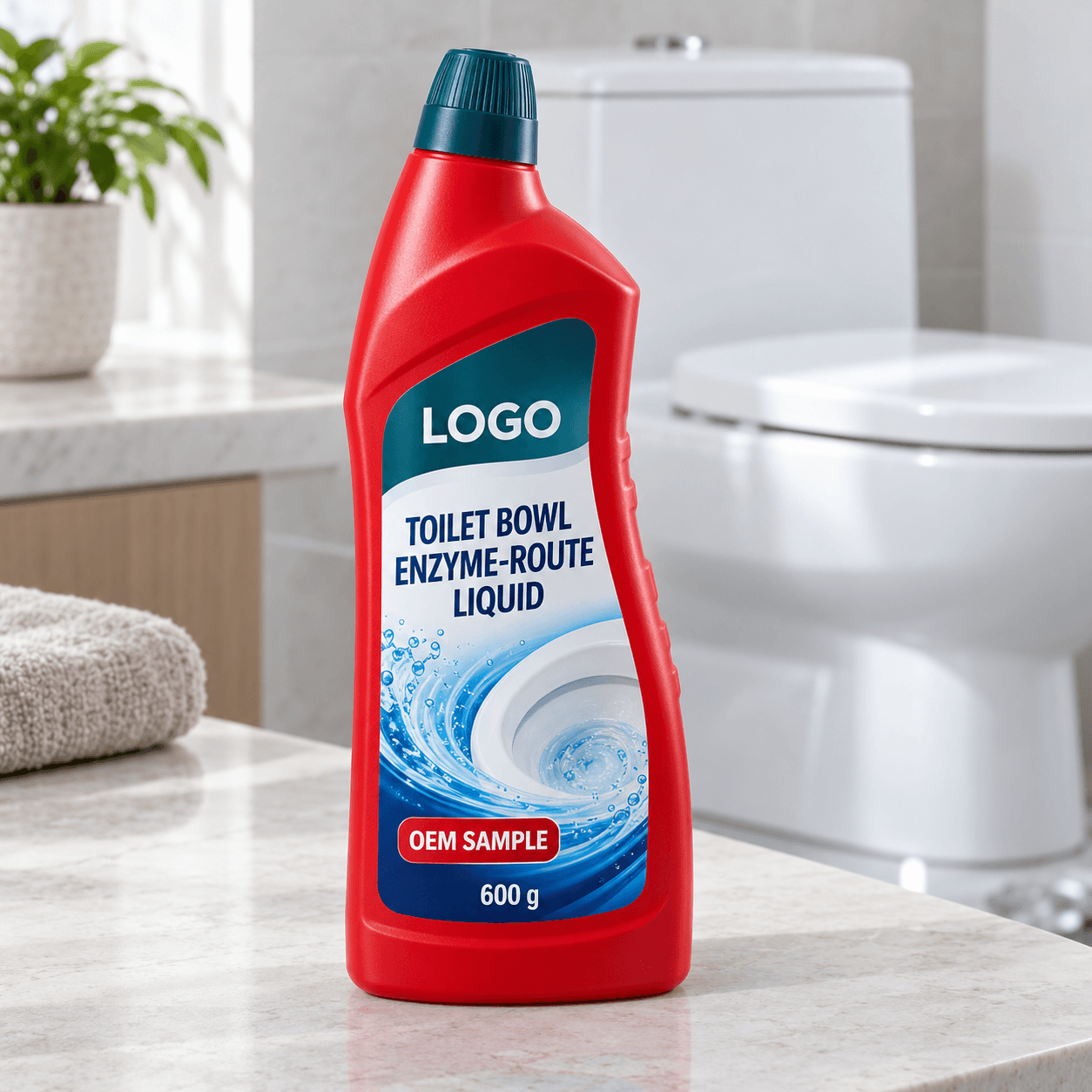 Red 600 g angled-neck HDPE bottle with dark-teal screw cap and fitted ENZYME-SYSTEM TOILET BOWL CLEANER LIQUID, OEM SAMPLE and replaceable LOGO label on a bright bathroom counter, with a toilet softly out of focus