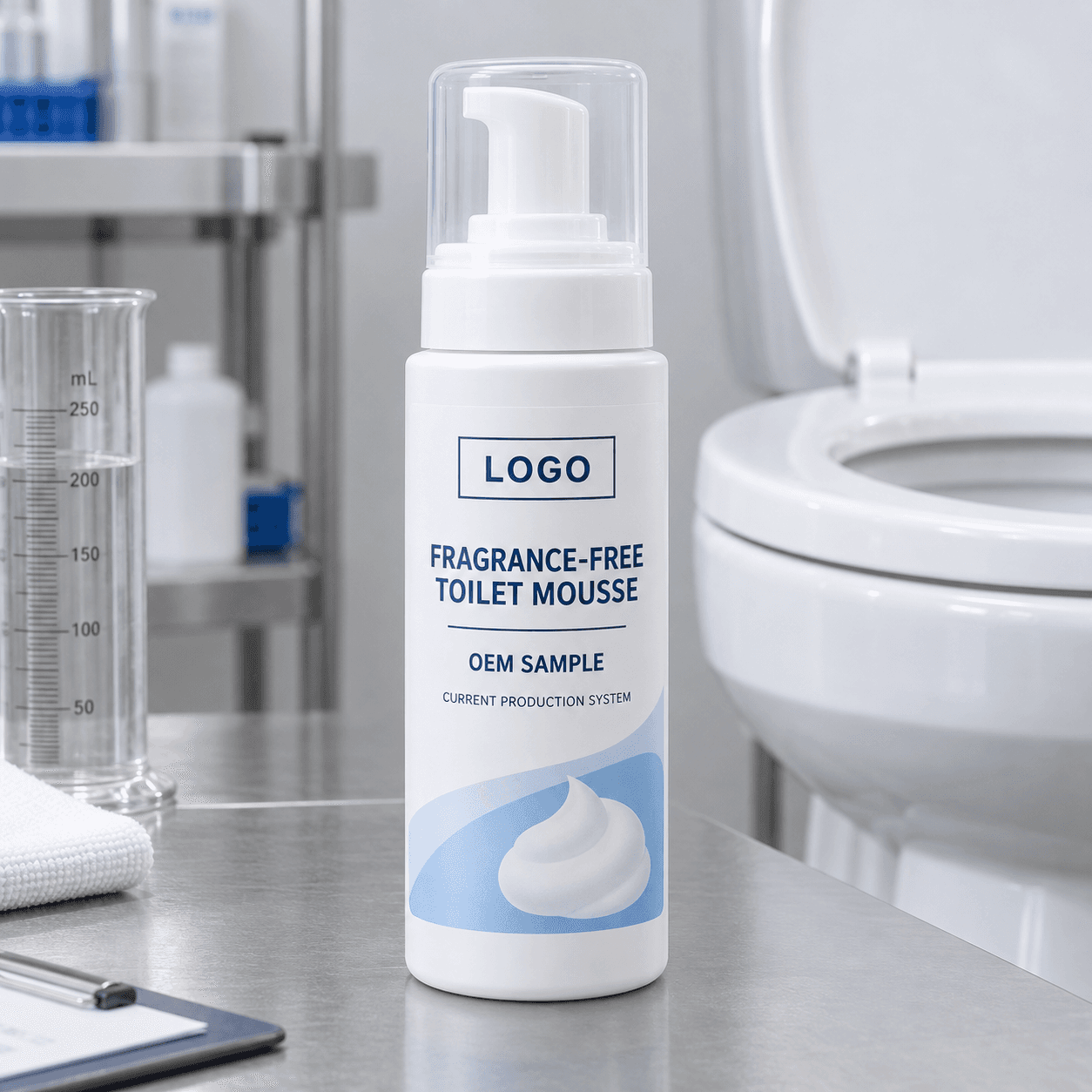 Existing white 450 mL foam-pump bottle with clear protective cap and fitted LOGO, FRAGRANCE-FREE TOILET MOUSSE and OEM SAMPLE label on a foam-pump compatibility bench beside a ceramic toilet bowl