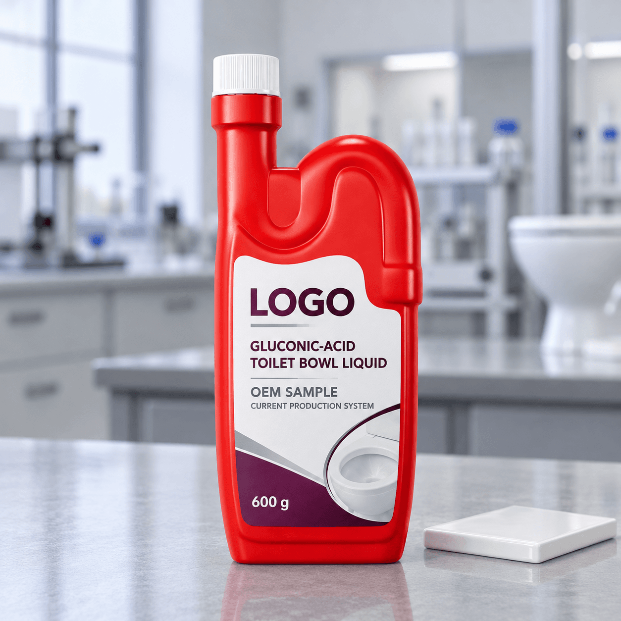 Existing red 600 g directional bottle with white screw cap and fitted LOGO, GLUCONIC-ACID TOILET BOWL LIQUID, OEM SAMPLE and CURRENT PRODUCTION SYSTEM label on a grey inspection bench beside a white ceramic sample tile