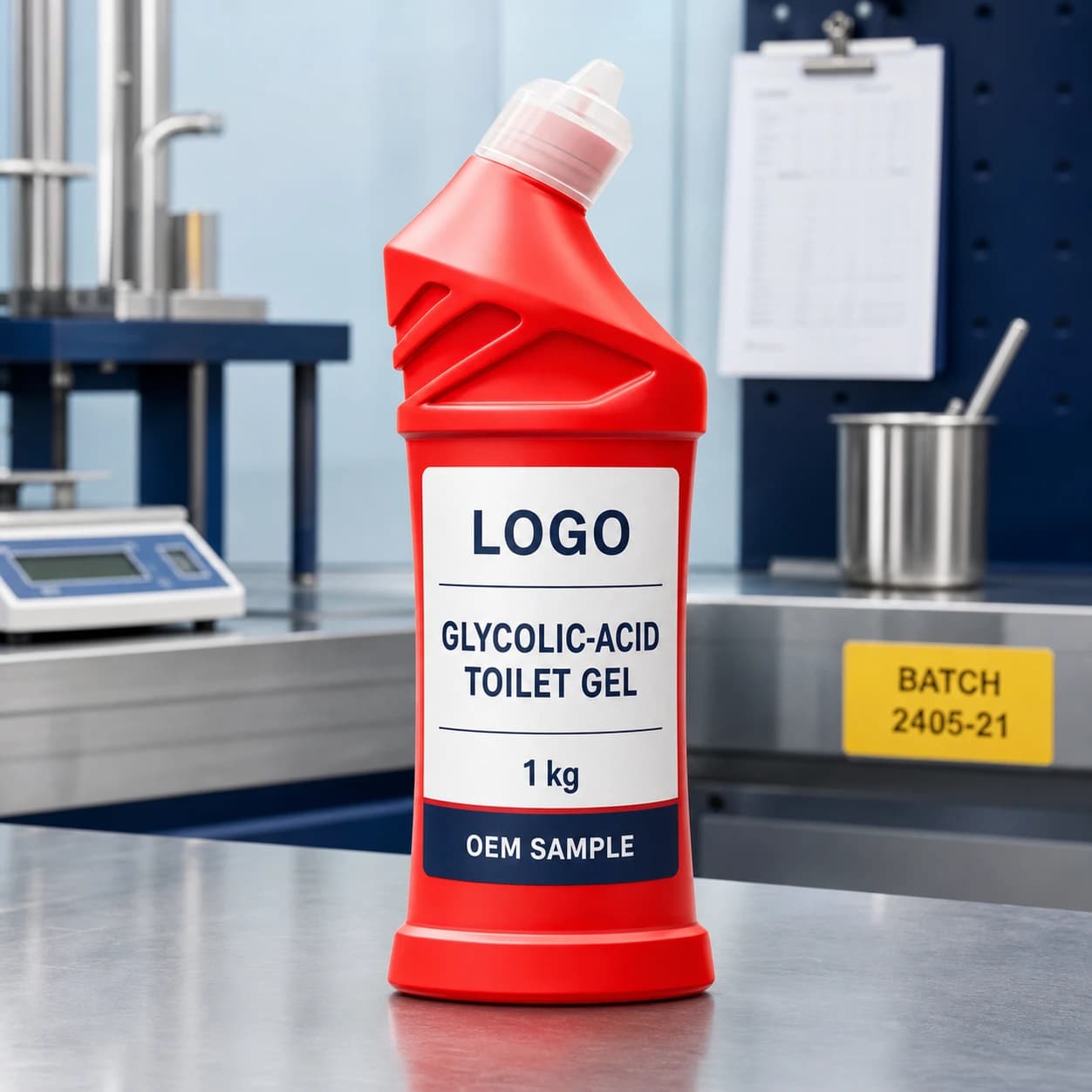 Existing red 1 kg directional-neck bottle with translucent cap and integrated LOGO, GLYCOLIC-ACID TOILET GEL and OEM SAMPLE label on an organic-acid compatibility bench