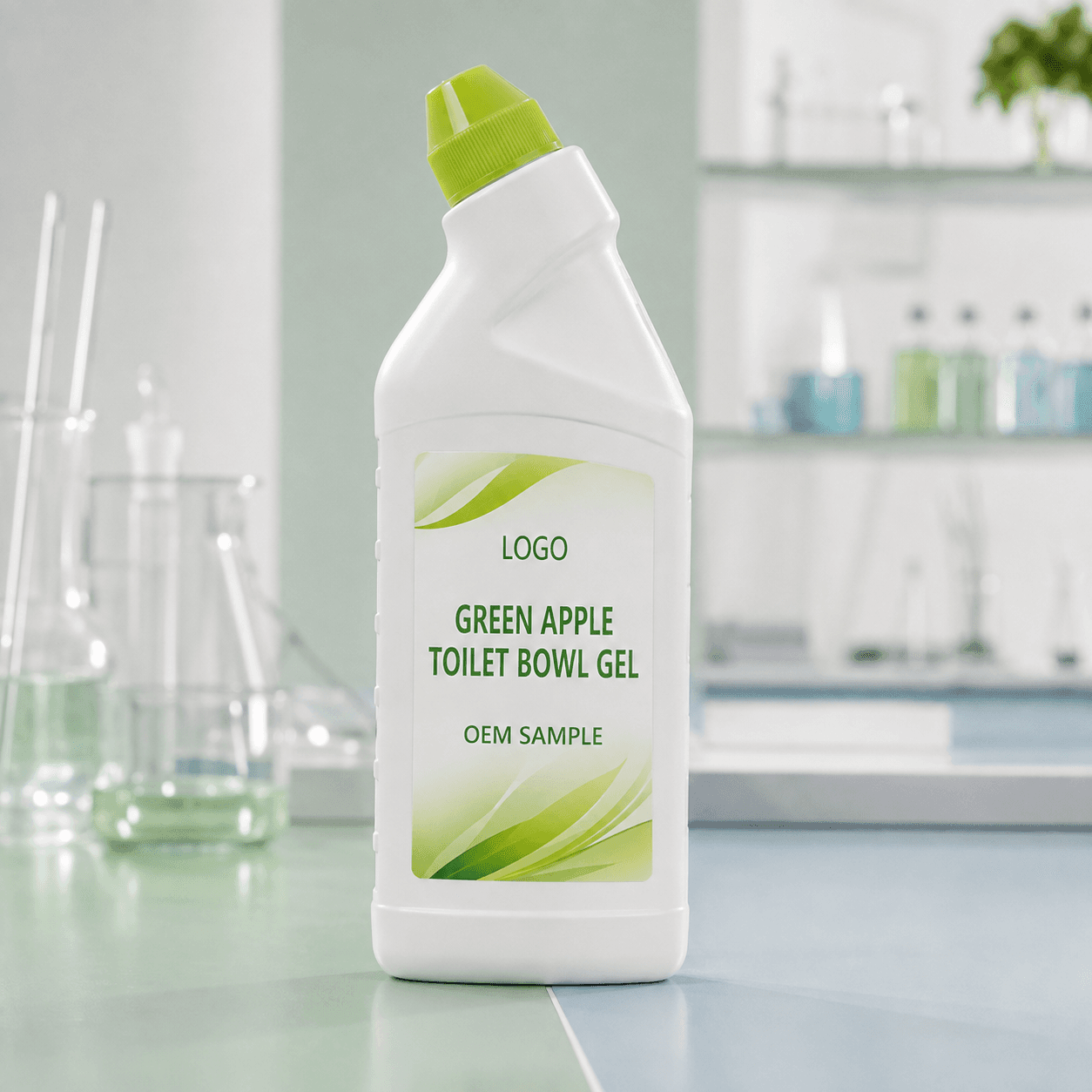 Existing white 600 g angled-neck bottle with lime-green closure and integrated LOGO, GREEN APPLE TOILET BOWL GEL and OEM SAMPLE label on a pale-green fragrance evaluation bench