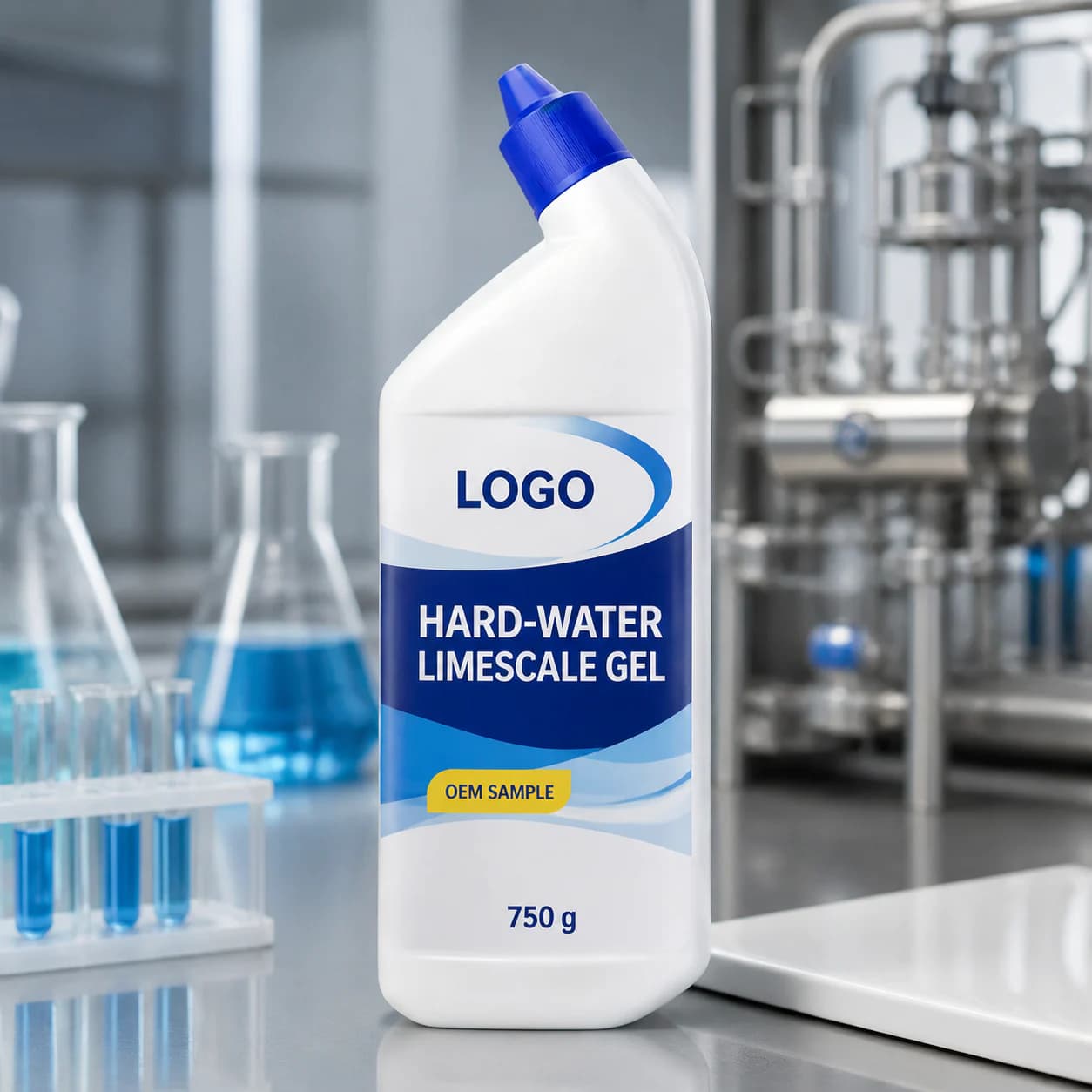 White 750 g existing angled-neck bottle labelled Hard-Water Limescale Gel and OEM SAMPLE in a water-quality laboratory