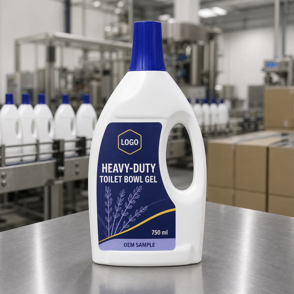 Existing handled white bottle with the complete Heavy-Duty Toilet Bowl Gel OEM SAMPLE label confined to the printable body panel beside the open handle