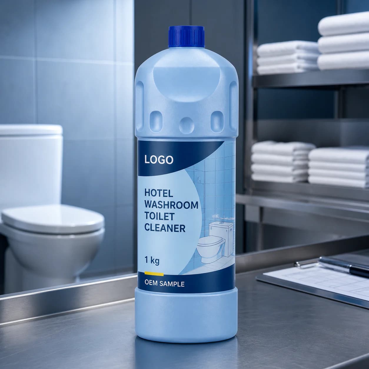 Pale blue 1 kg existing bottle labelled Hotel Washroom Toilet Cleaner and OEM SAMPLE in a housekeeping QC area