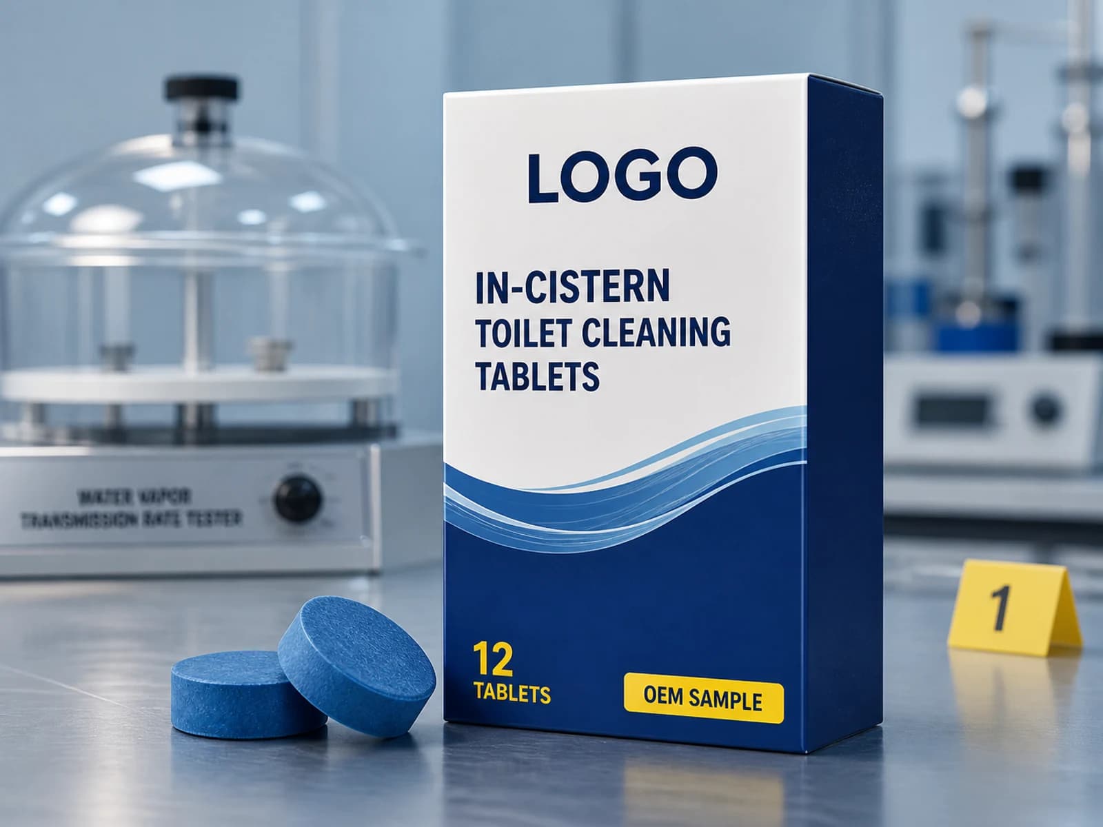 Existing carton labelled In-Cistern Toilet Cleaning Tablets, 12 Tablets and OEM SAMPLE with two blue tablets on a QC bench