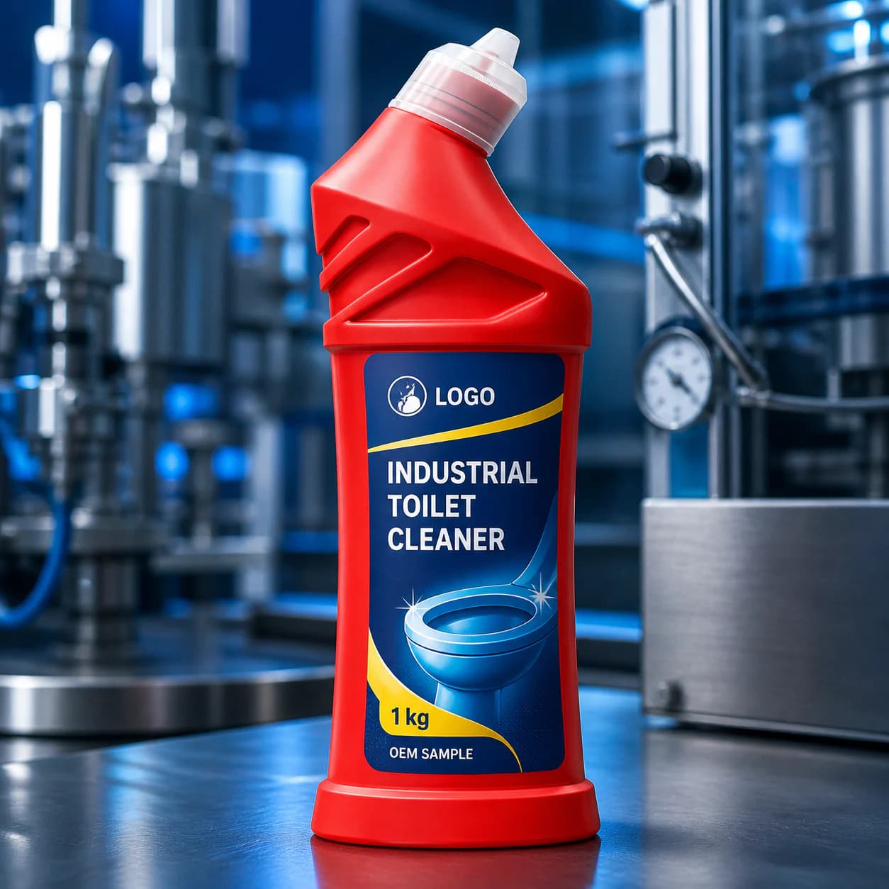 Red 1 kg existing-system bottle with integrated LOGO, Industrial Toilet Cleaner and OEM SAMPLE artwork in a blue filling-line setting