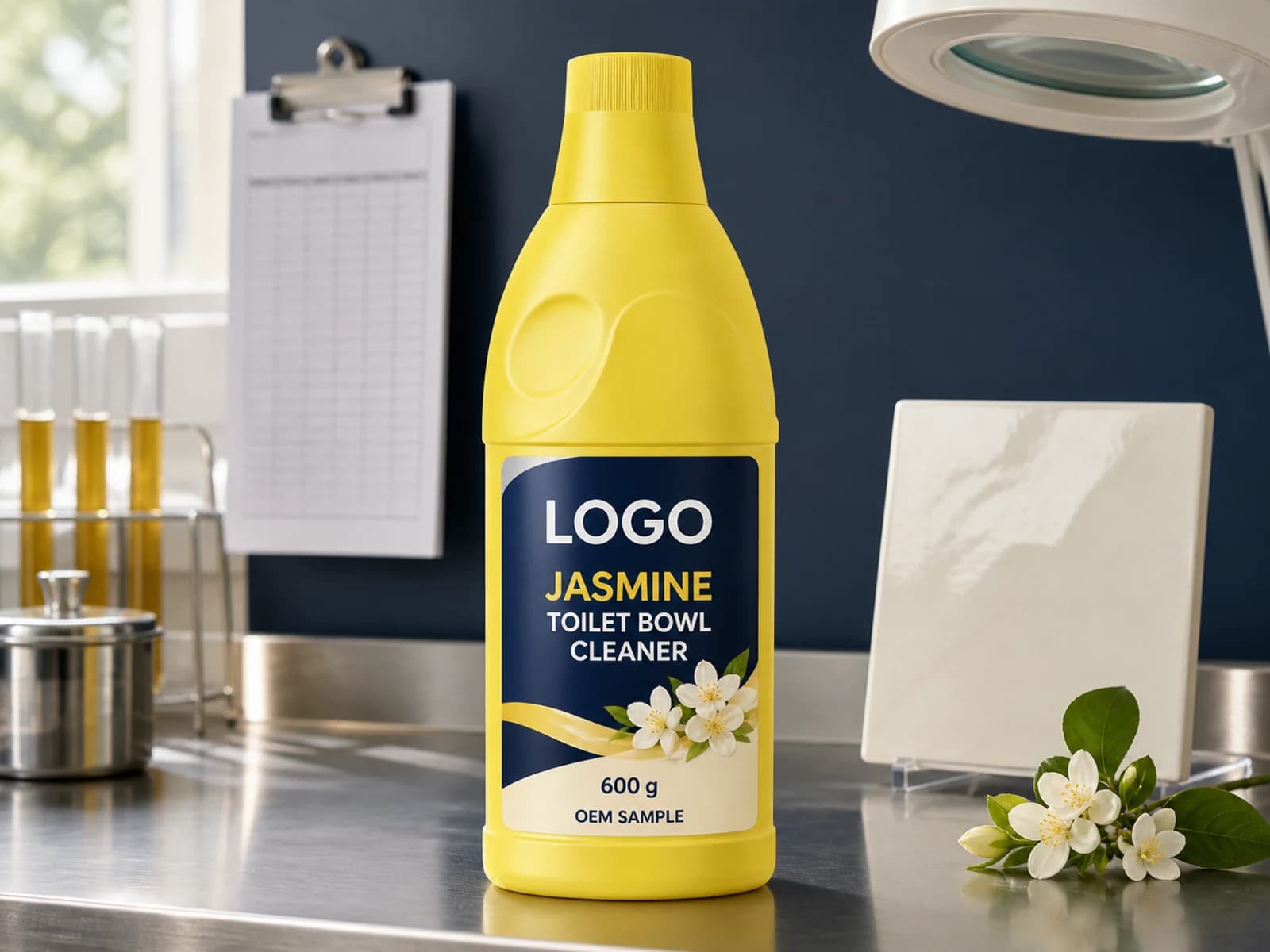 Yellow existing bottle labelled Jasmine Toilet Bowl Cleaner, 600 g and OEM SAMPLE at a label-inspection station