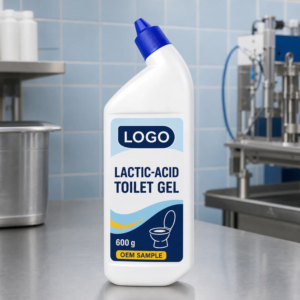 White 600 g directional-neck bottle with blue cap and integrated LOGO, Lactic-Acid Toilet Gel and OEM SAMPLE label on a packaging bench
