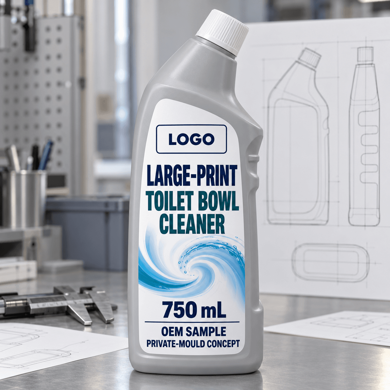 Illustrative light-grey 750 mL private-mould toilet-cleaner bottle with broad front panel, high-contrast LARGE-PRINT TOILET BOWL CLEANER label, OEM SAMPLE, PRIVATE-MOULD CONCEPT and replaceable LOGO panel on a packaging development bench