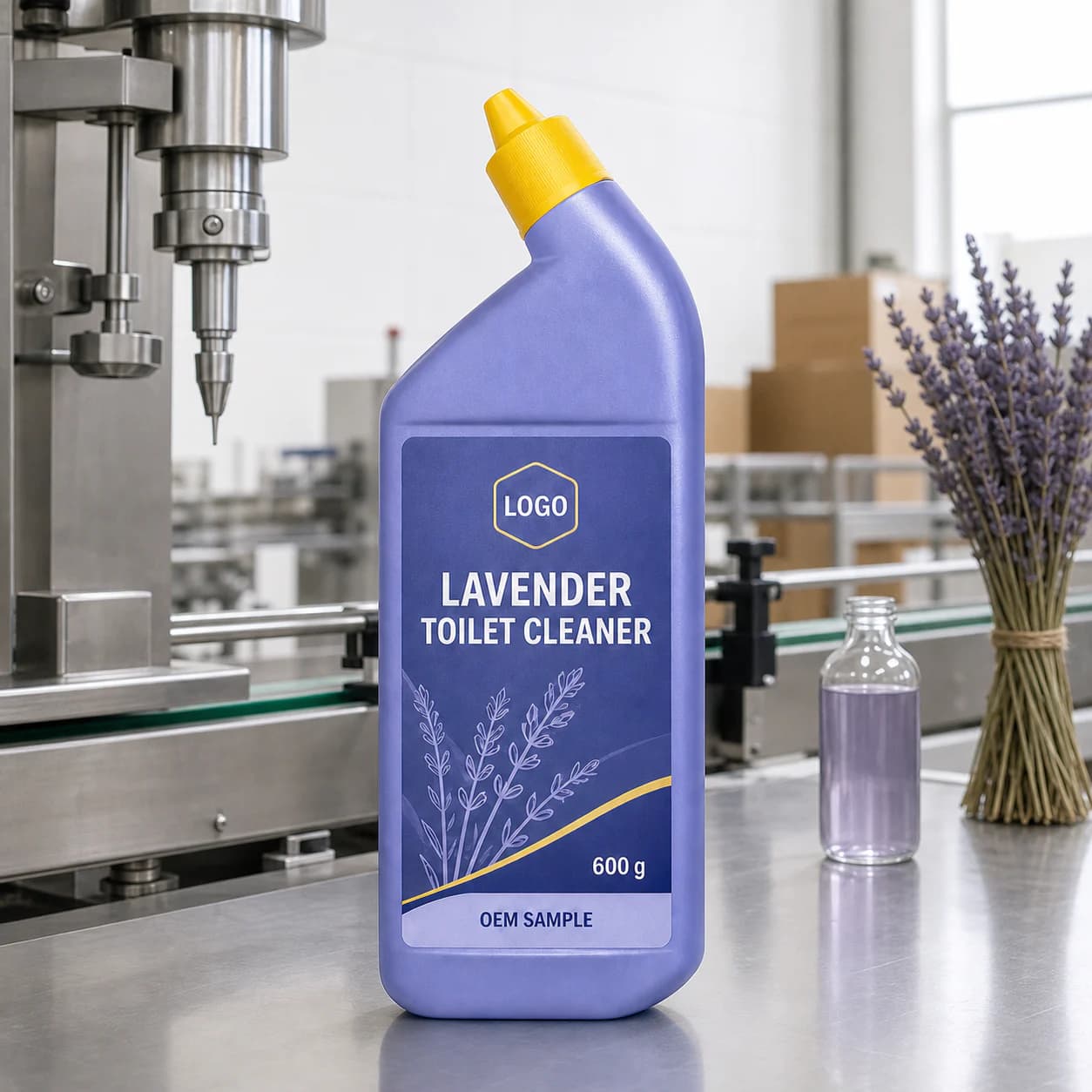 Lavender-blue 600 g existing angled-neck bottle marked Lavender Toilet Cleaner and OEM SAMPLE on a real fragrance-dosing line