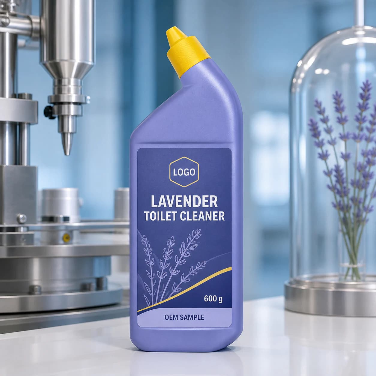 Lavender-blue 600 g existing angled-neck bottle marked Lavender Toilet Cleaner and OEM SAMPLE in a dosing laboratory