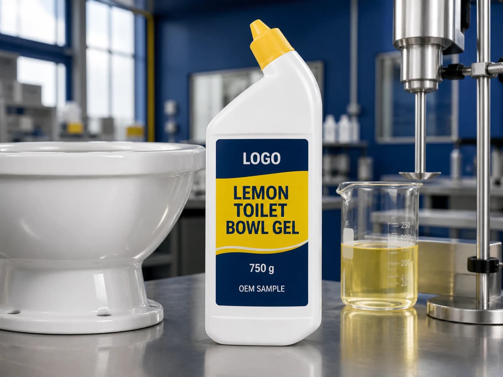 White existing angled-neck bottle labelled Lemon Toilet Bowl Gel, 750 g and OEM SAMPLE beside a ceramic bowl test fixture