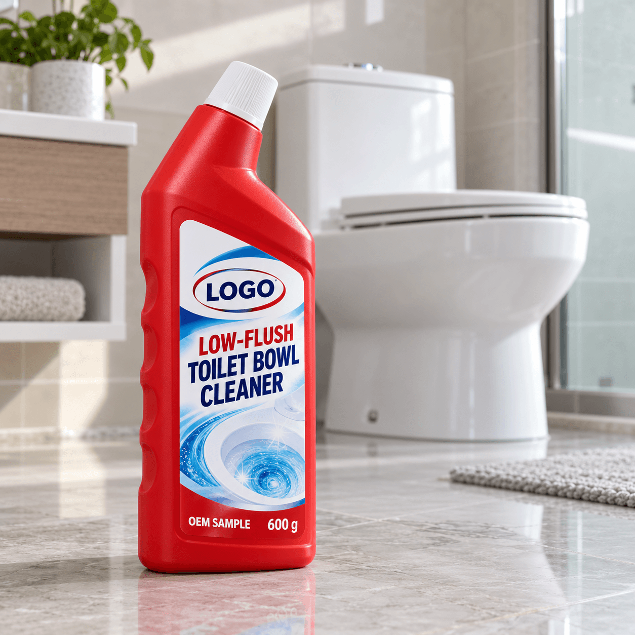 Red 600 g angled-neck toilet-cleaner bottle with white screw cap and fitted LOW-FLUSH TOILET BOWL CLEANER, OEM SAMPLE and LOGO placeholder label on a bathroom counter, with a toilet softly out of focus