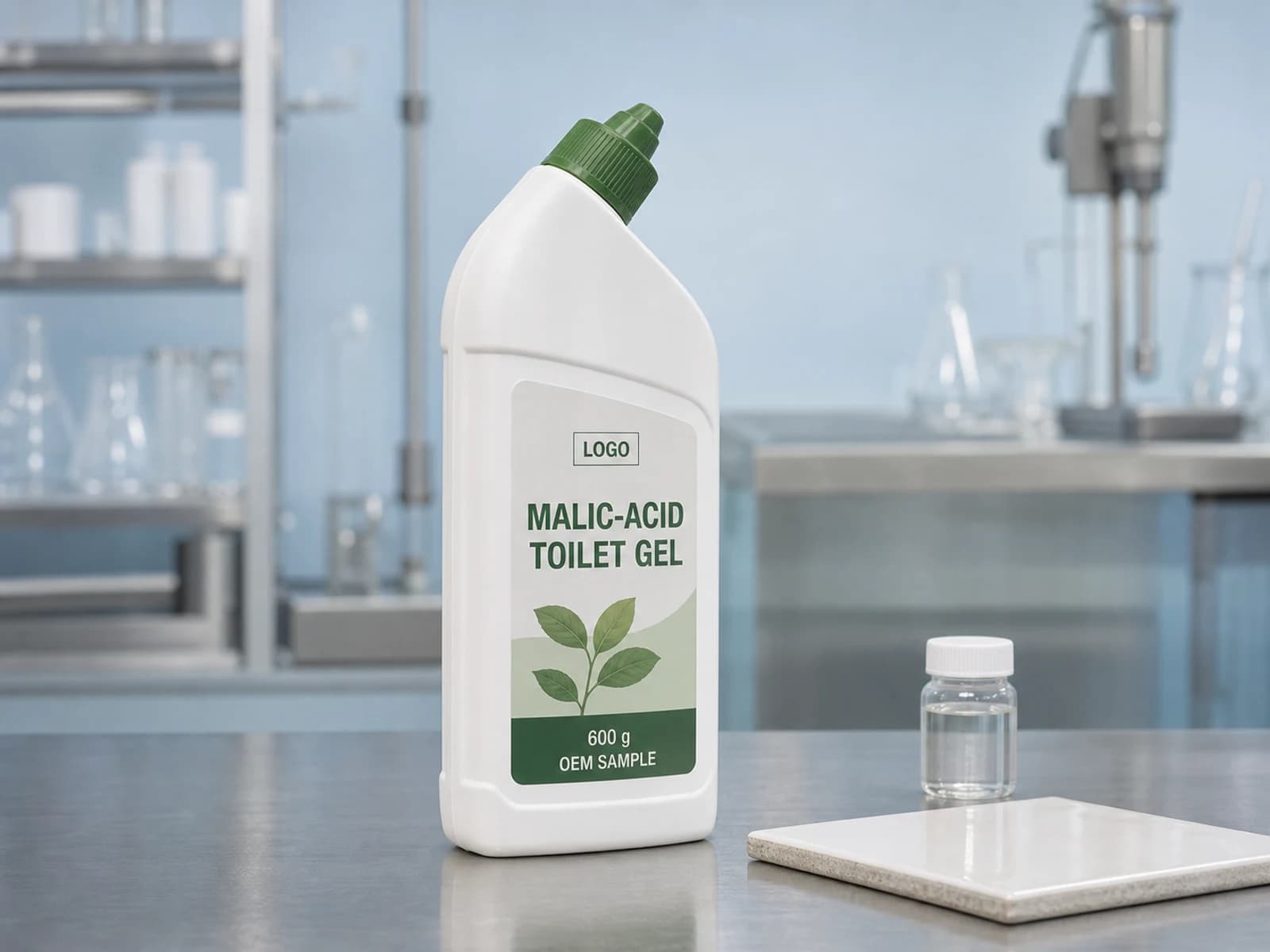 Existing white 600 g directional-neck bottle with green closure and integrated LOGO, MALIC-ACID TOILET GEL and OEM SAMPLE label on a pale-blue formulation bench