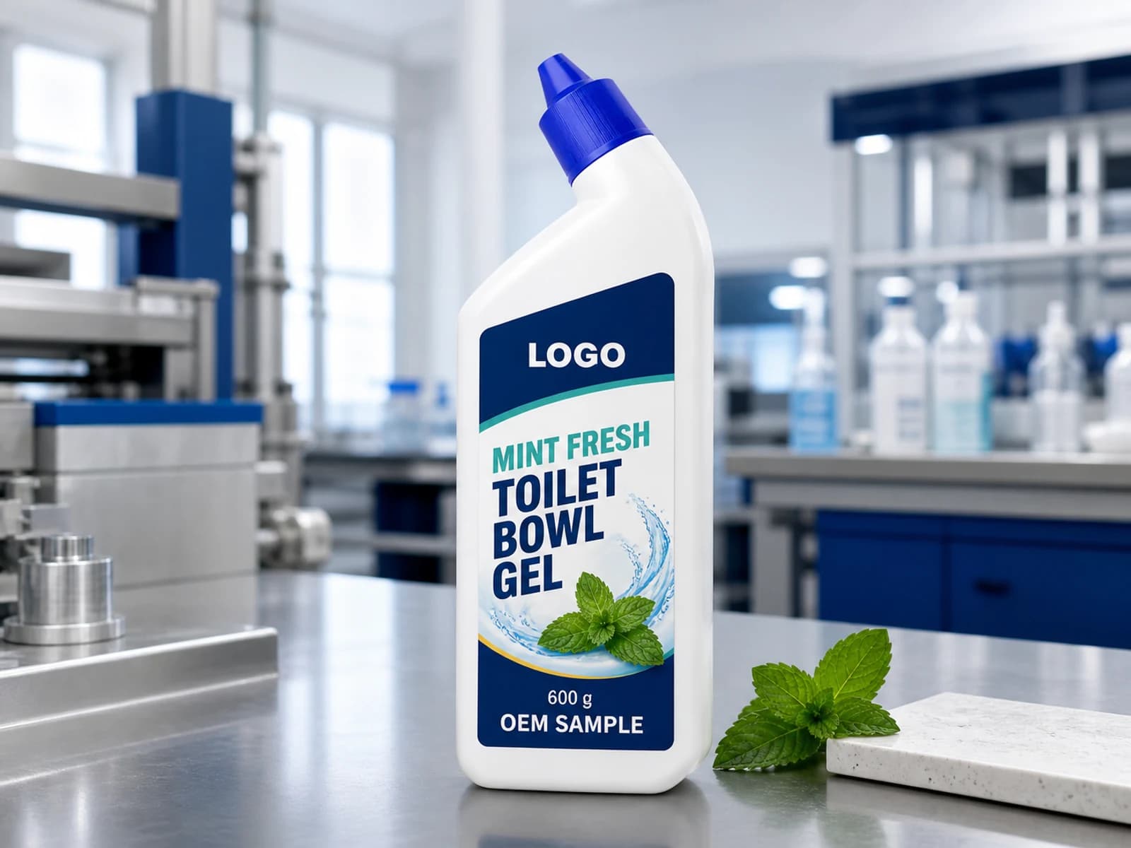 White existing angled-neck bottle labelled Mint Fresh Toilet Bowl Gel, 600 g and OEM SAMPLE on a toilet-cleaner QC bench