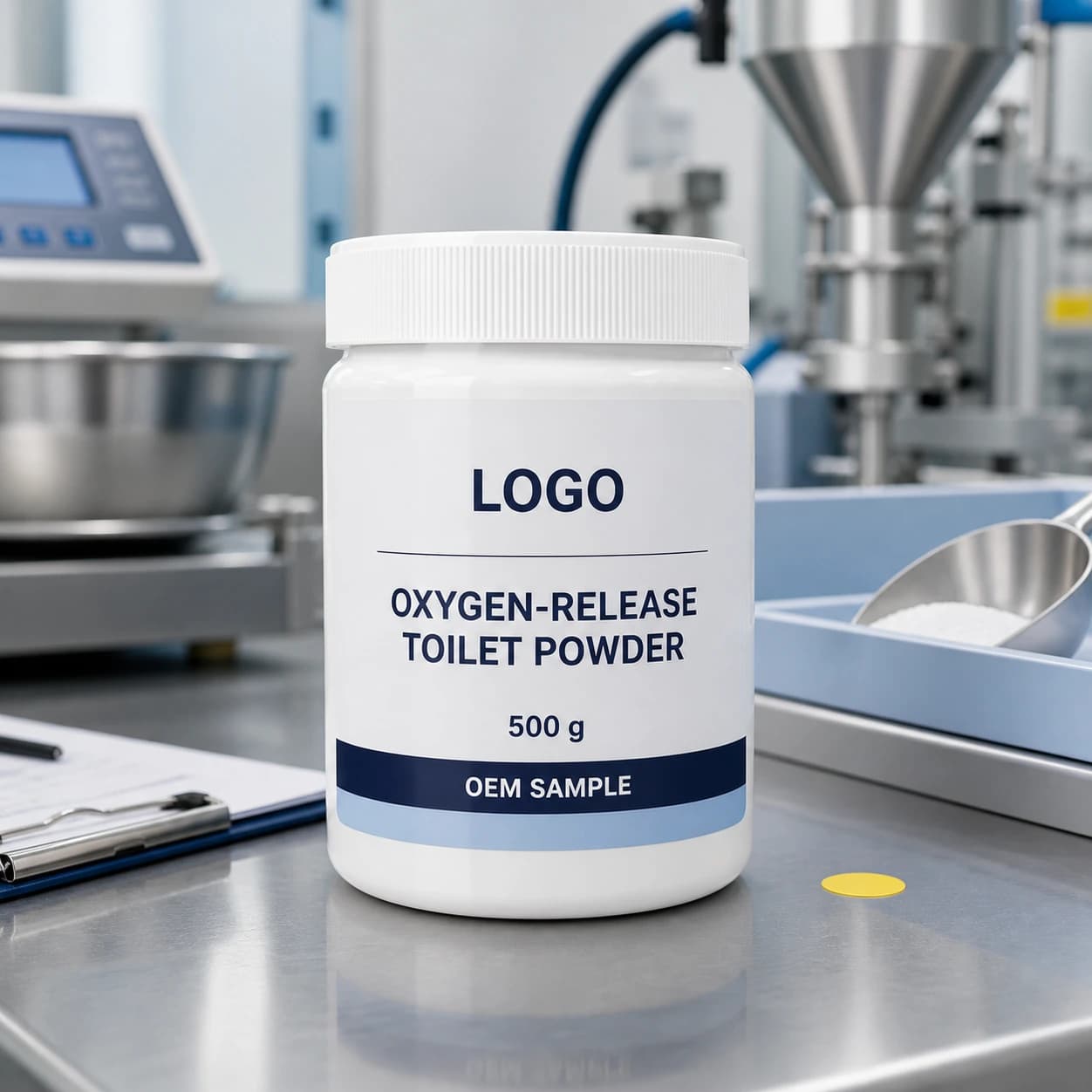 Existing opaque white 500 g wide-mouth jar with ribbed cap and integrated LOGO, OXYGEN-RELEASE TOILET POWDER and OEM SAMPLE label on a powder dosing bench