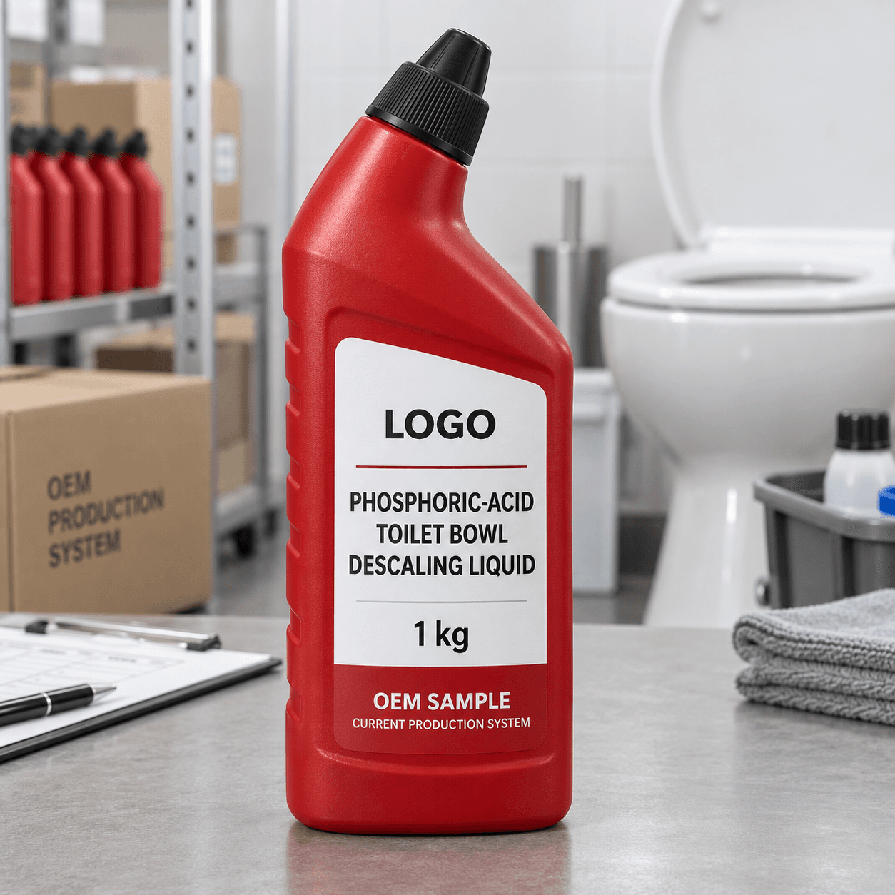 Existing red 1 kg angled-neck HDPE bottle with fitted LOGO, PHOSPHORIC-ACID TOILET BOWL DESCALING LIQUID, OEM SAMPLE and CURRENT PRODUCTION SYSTEM label on a commercial washroom maintenance bench