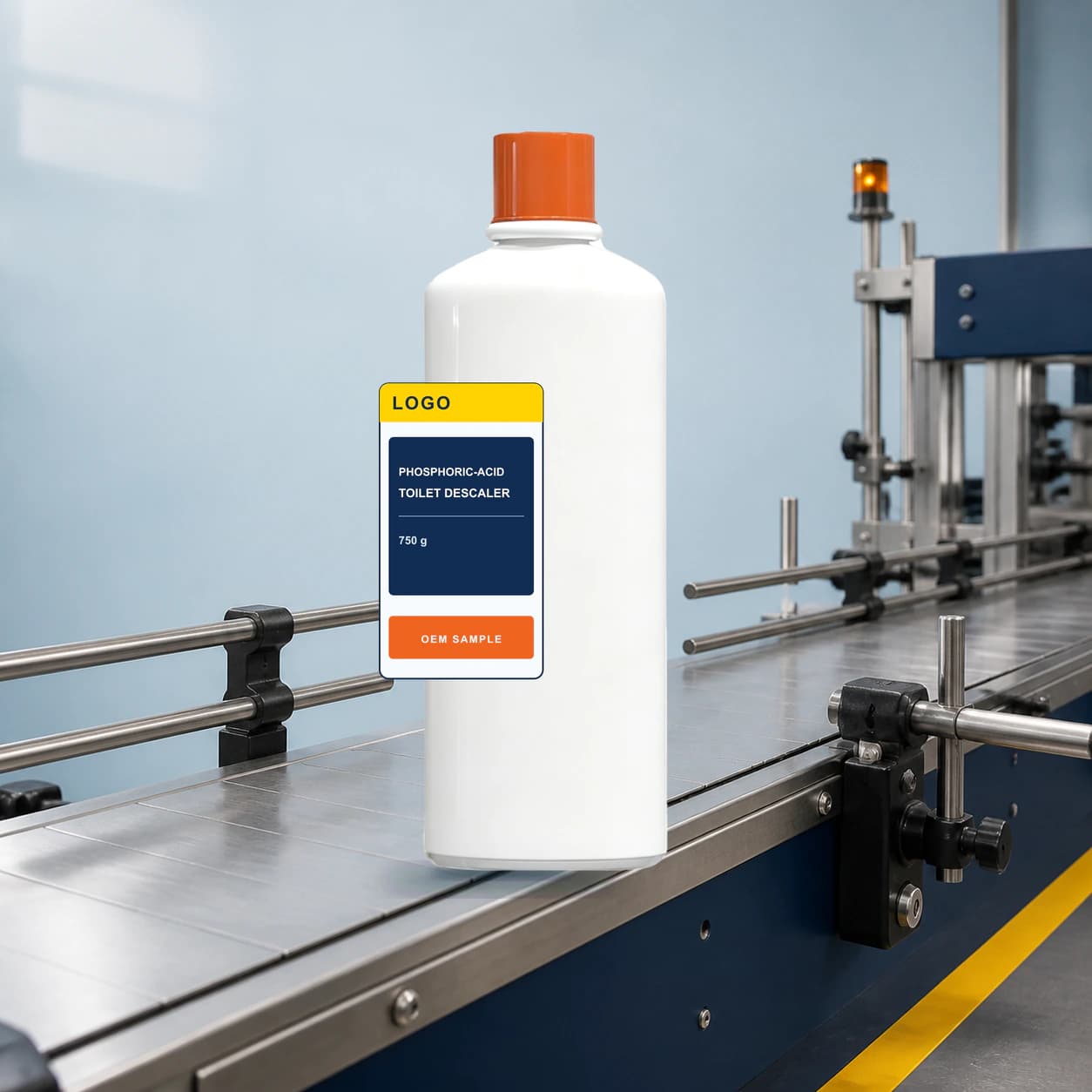 Existing opaque 750 g straight-sided bottle with orange cap and integrated LOGO, Phosphoric-Acid Toilet Descaler and OEM SAMPLE artwork on a conventional filling line