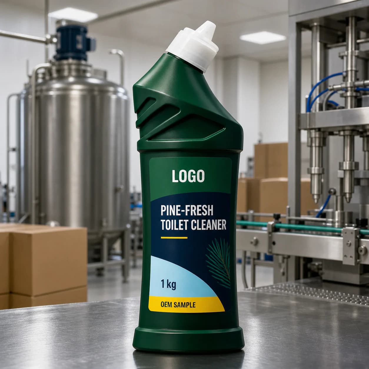 Deep green 1 kg existing industrial angled-neck bottle labelled Pine-Fresh Toilet Cleaner and OEM SAMPLE on a conventional filling line