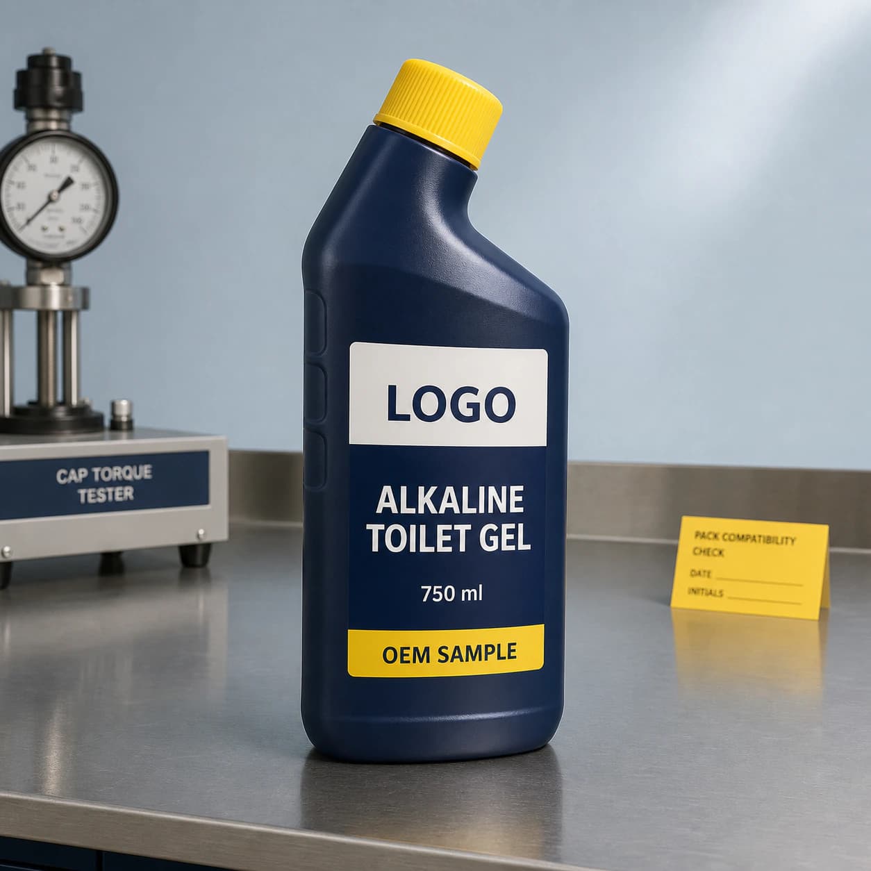 Illustrative opaque navy single-chamber private-mould bottle labelled Alkaline Toilet Gel, 750 ml and OEM SAMPLE on a household-chemical compatibility bench