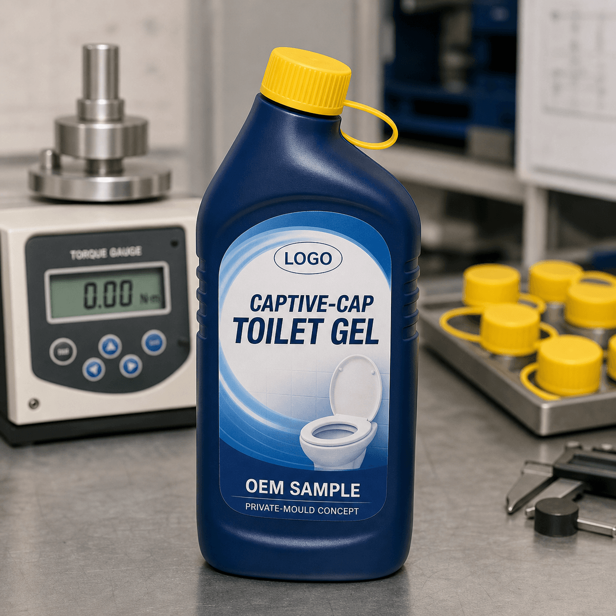 Illustrative midnight-blue 750 ml single-chamber private-mould bottle with yellow tethered screw cap and integrated LOGO, CAPTIVE-CAP TOILET GEL, OEM SAMPLE and PRIVATE-MOULD CONCEPT label on a closure engineering bench