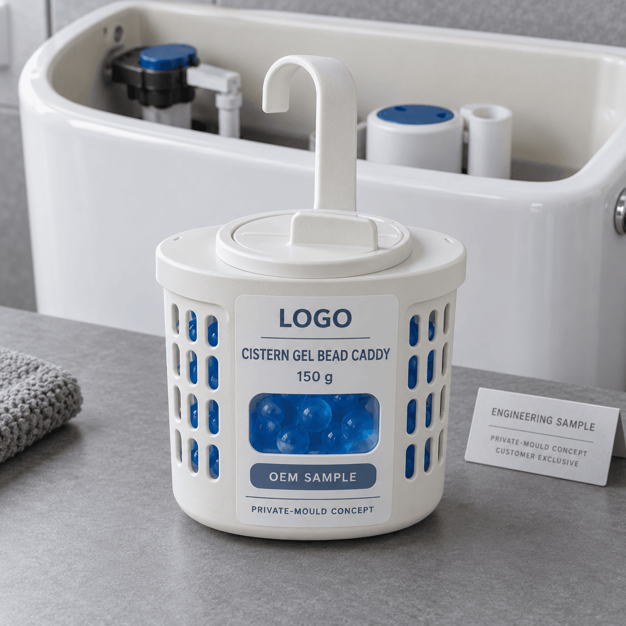 Illustrative off-white 150 g private-mould cistern gel bead caddy with blue gel beads, a quarter-turn lid, hanging hook and fitted LOGO, CISTERN GEL BEAD CADDY, OEM SAMPLE and PRIVATE-MOULD CONCEPT label beside an open toilet cistern