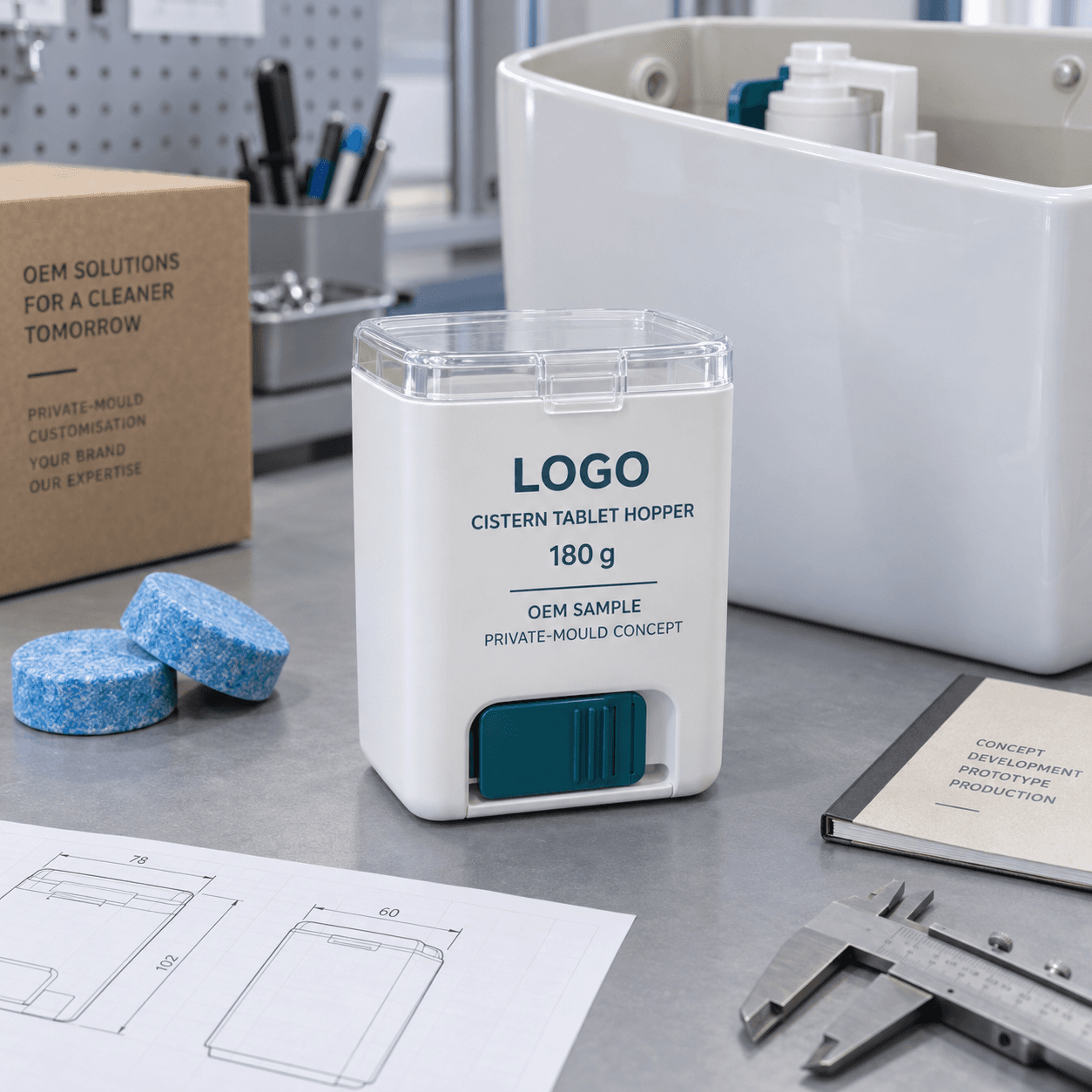 Illustrative matte-white 180 g private-mould cistern tablet hopper with clear snap lid, teal sliding dose gate and fitted LOGO, OEM SAMPLE and PRIVATE-MOULD CONCEPT front panel on an engineering bench