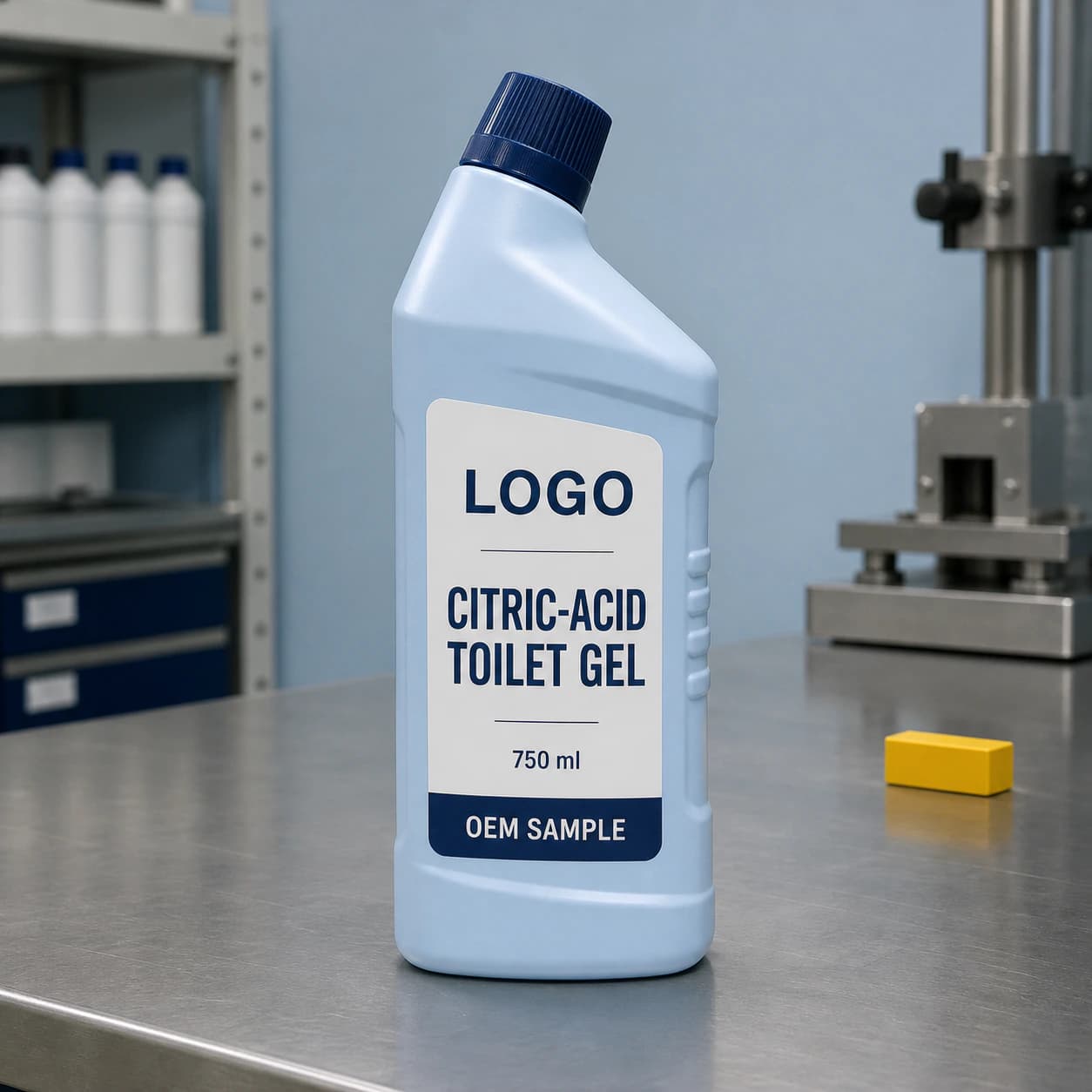Illustrative pale-blue single-chamber private-mould bottle labelled Citric-Acid Toilet Gel, 750 ml and OEM SAMPLE on a household-chemical packaging bench