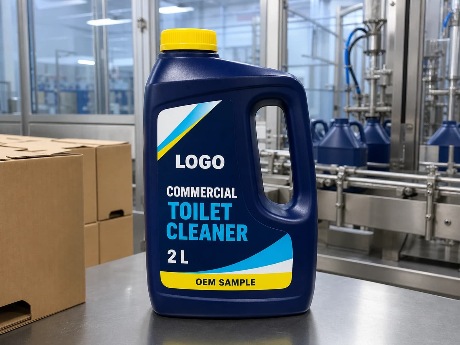 Illustrative navy private-mould handled bottle labelled Commercial Toilet Cleaner, 2 L and OEM SAMPLE on a filling-line trial bench