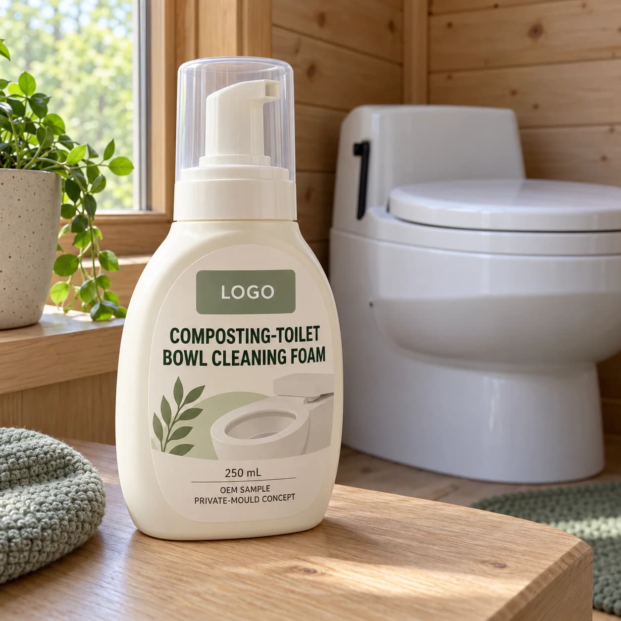 Ivory 250 mL foamer labelled composting-toilet bowl cleaning foam, OEM SAMPLE, PRIVATE-MOULD CONCEPT and LOGO beside a toilet in a timber cabin washroom